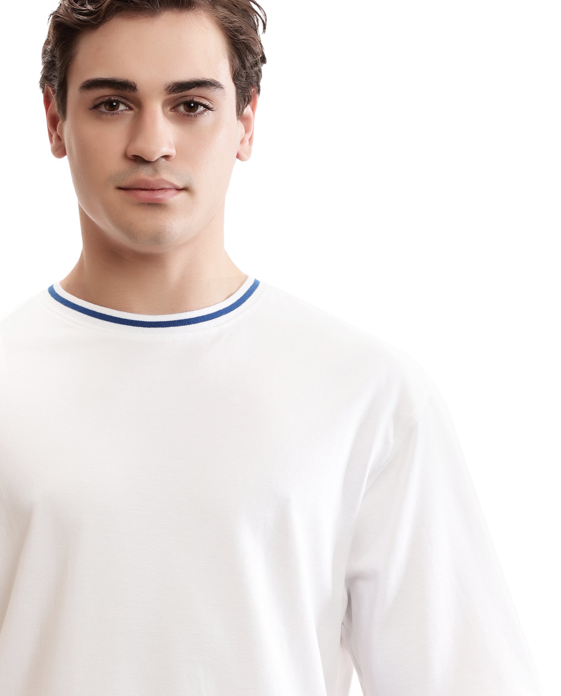 Pure White Pique Crew Neck Oversized T-Shirt with Imperial Prussian Blue Piping