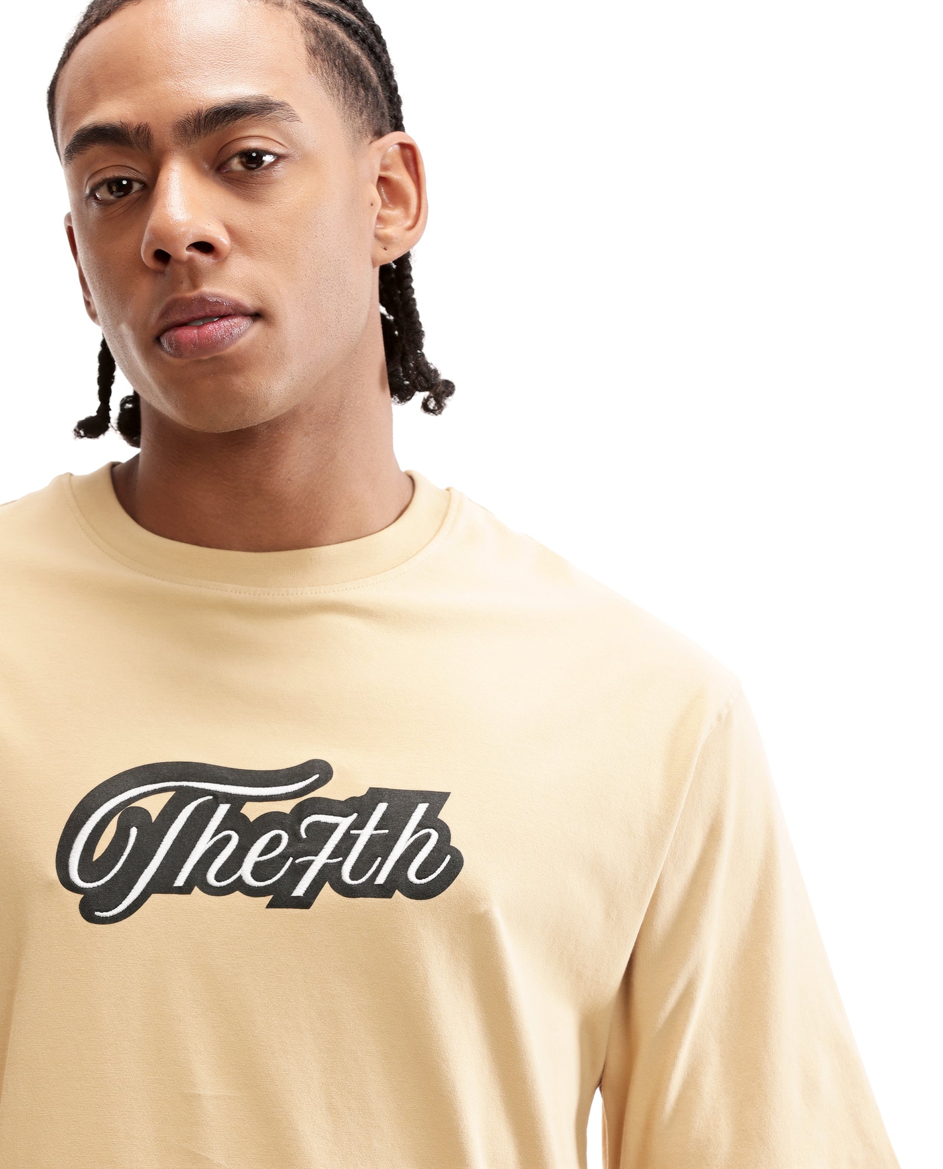 Camel Beige Single Jersey Crew Neck Oversized T-Shirt with Black Print & Pure White 7C Embroidery