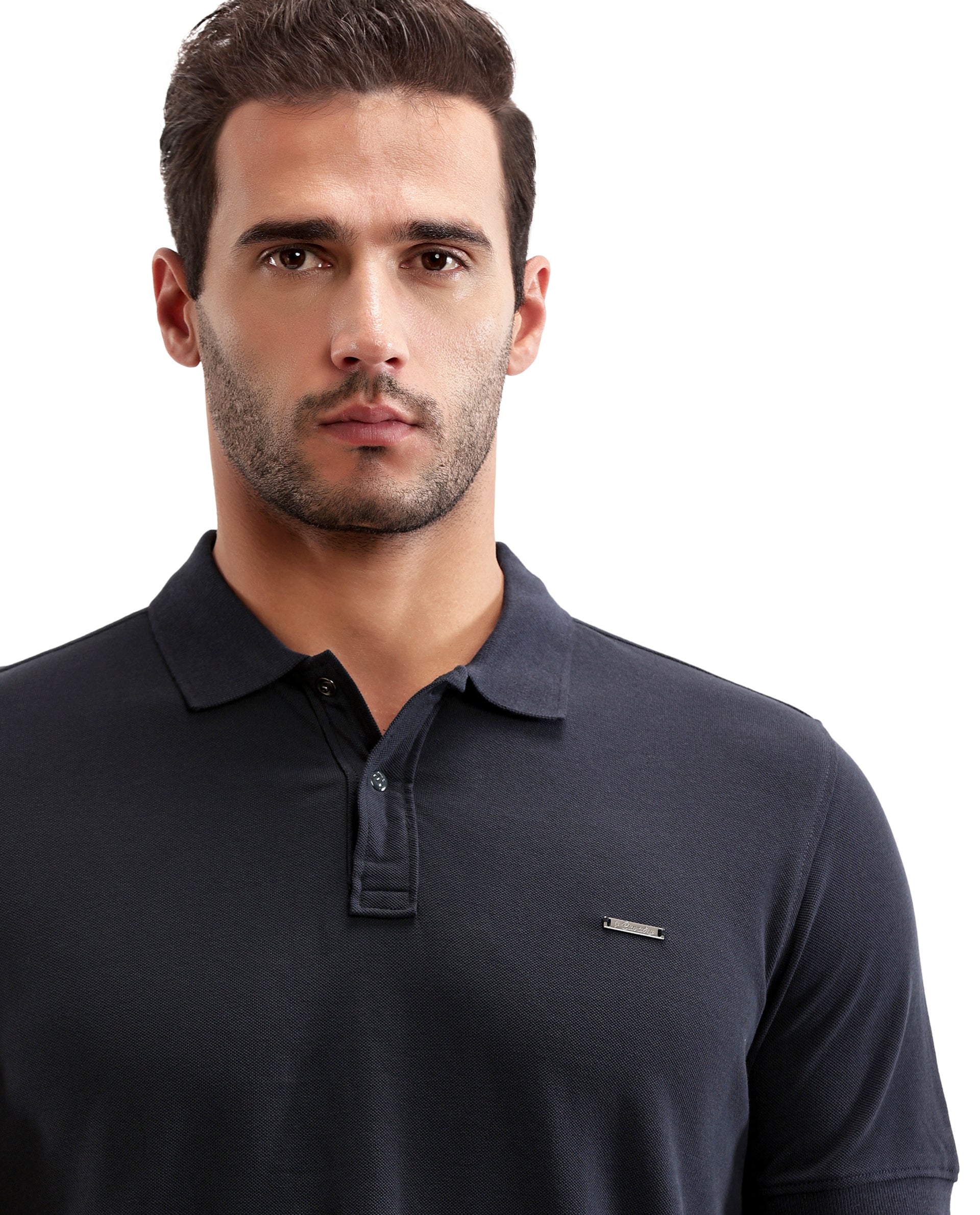 Midnight Navy Blue Pique Polo with 7C Snap Buttons, Metal Badge