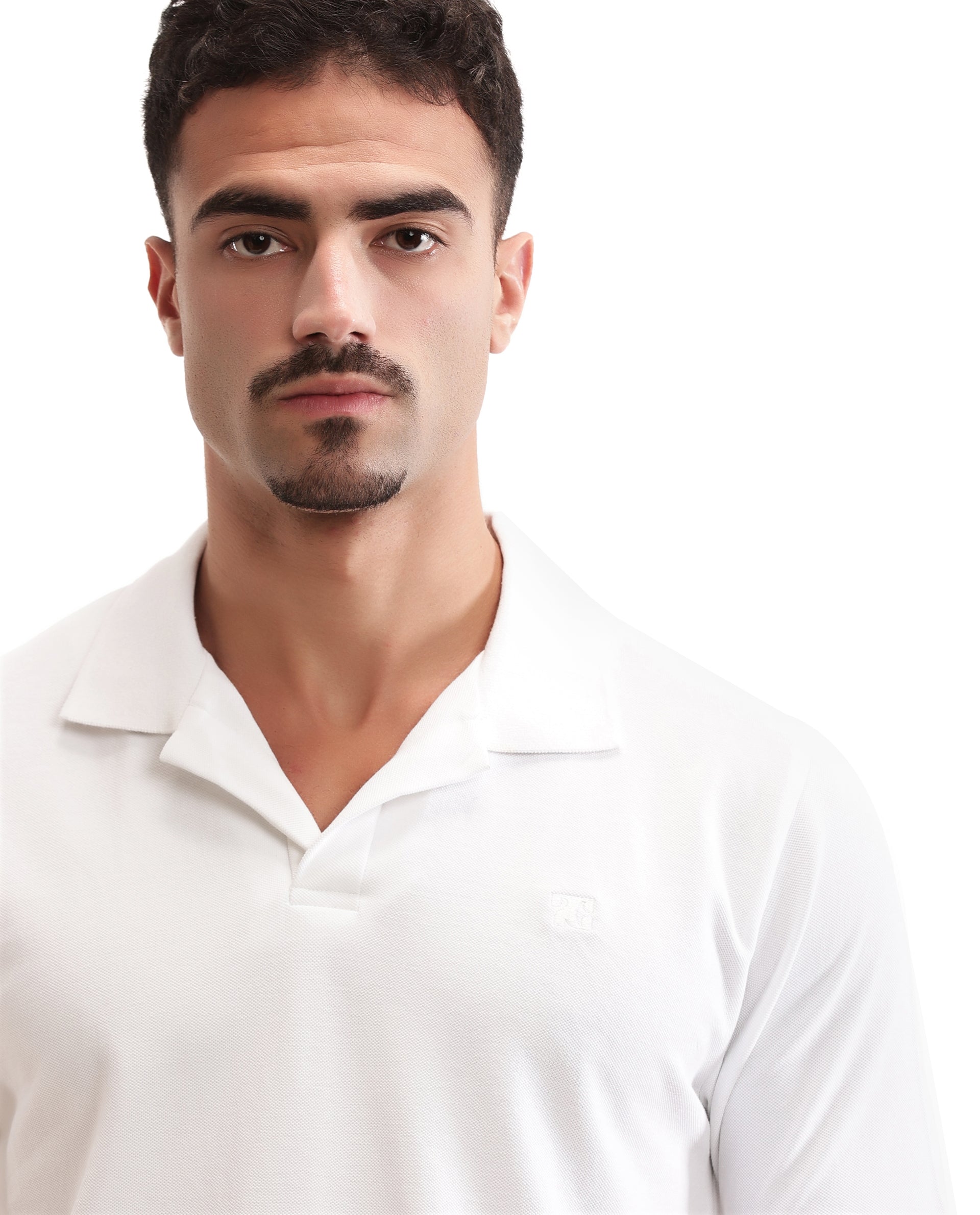 Pure White Johnny Collar Pique Polo with Tone-on-Tone 7C Embroidery