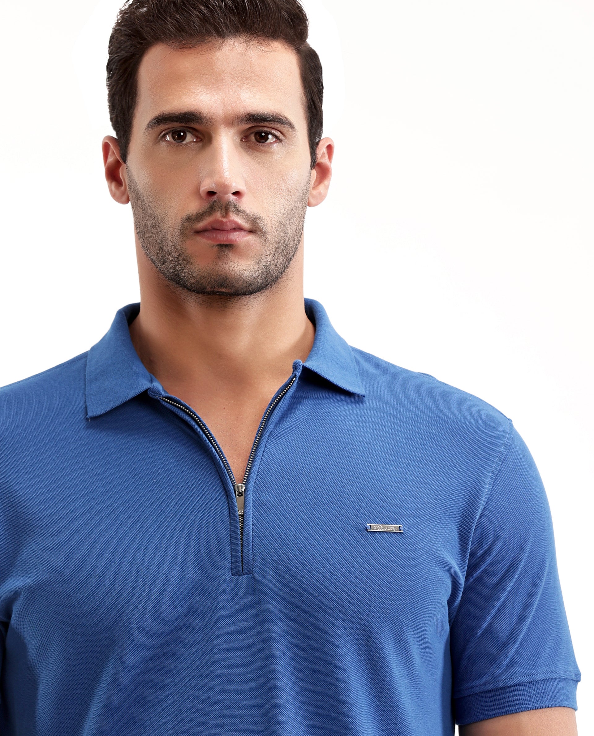 Imperial Prussian Blue Pique Polo with 7C Metal Zip, Metal Badge