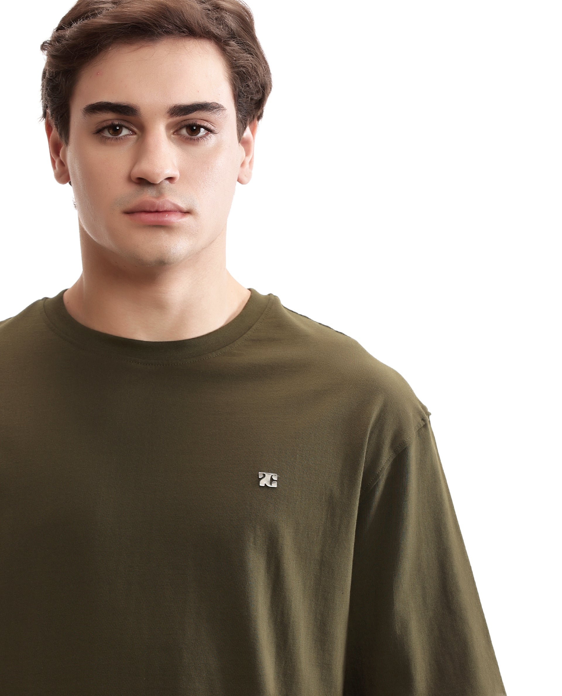 Vintage Olive Single Jersey Crew Neck Oversized T-Shirt with 7C Gun Metal Insignia