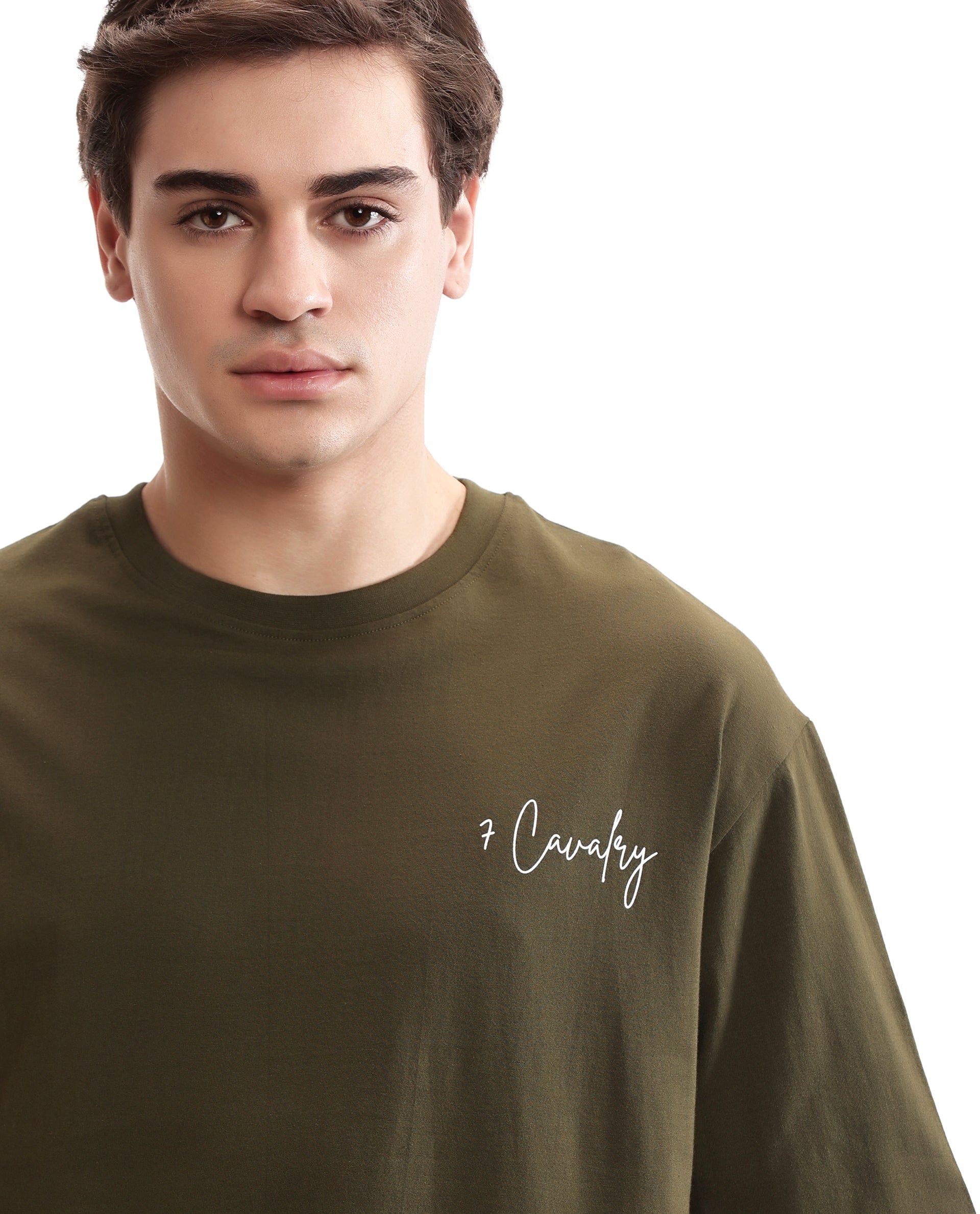 Vintage Olive Single Jersey Crew Neck Oversized T-Shirt with Pure White Non-PVC Print