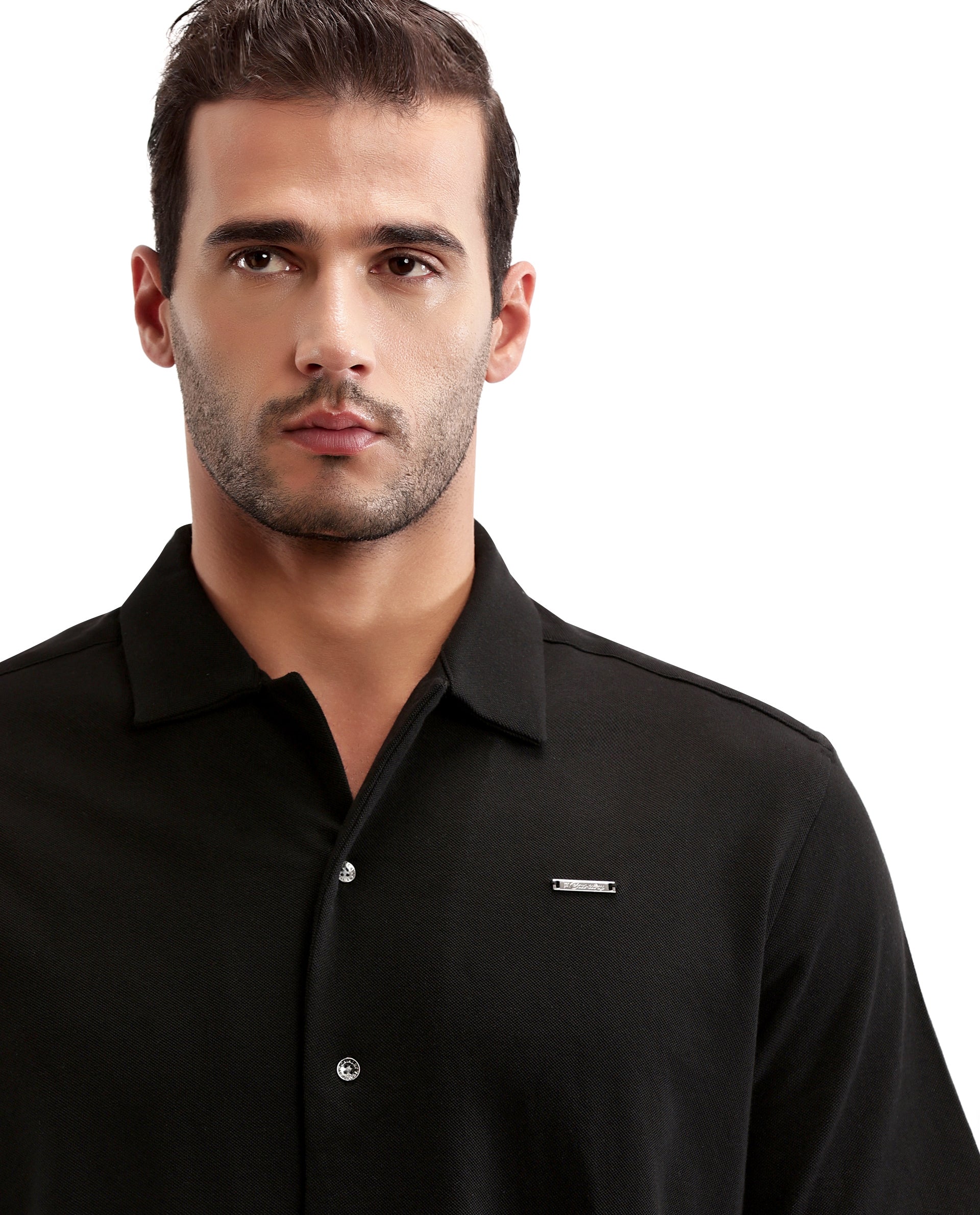 Charcoal Black Pique Knit Shirt with 7C Metal Buttons, Gun Metal Badge