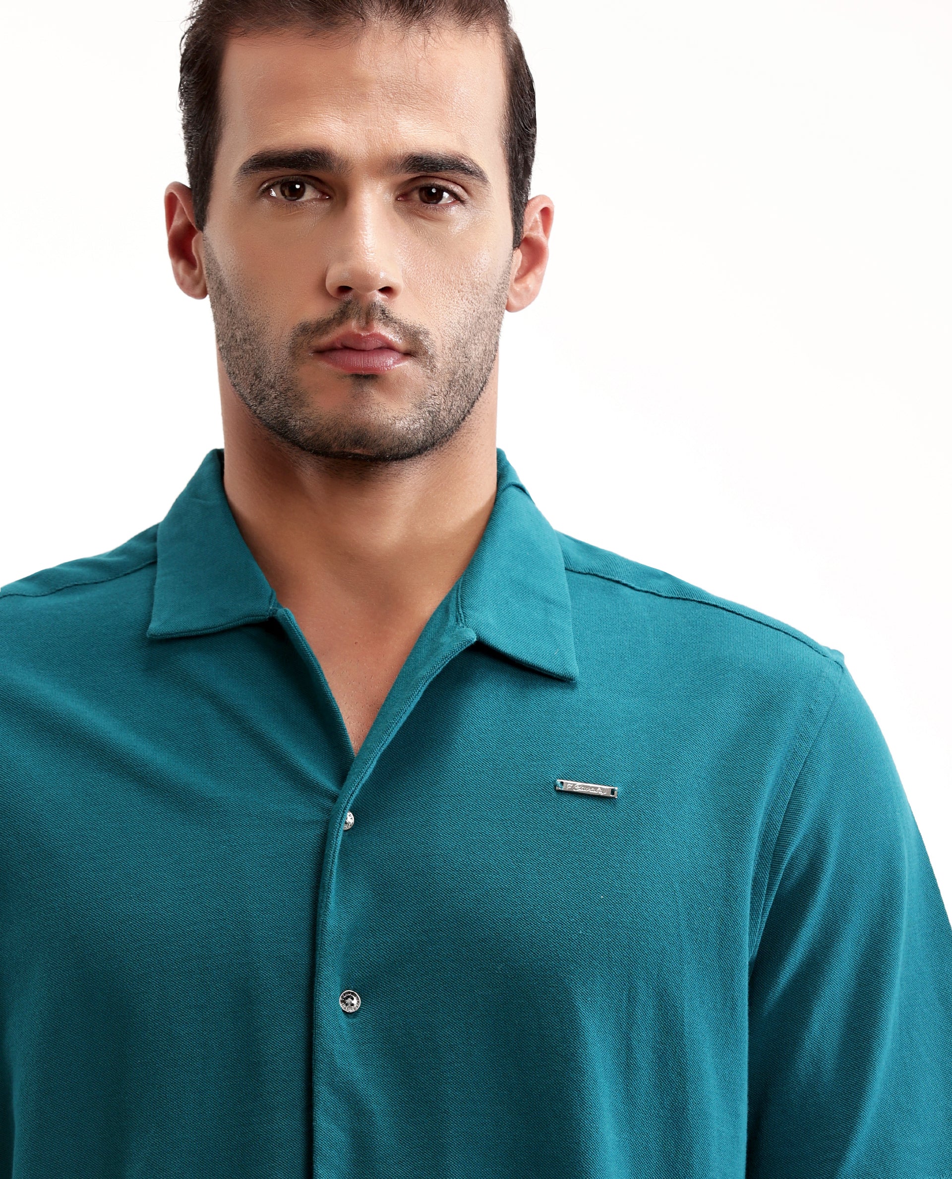 Ocean Teal Pique Knit Shirt with 7C Metal Buttons, Gun Metal Badge