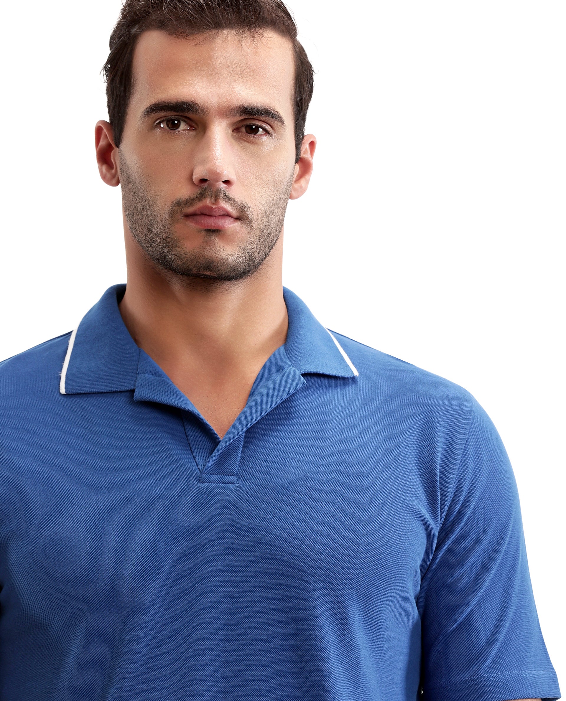 Prussian Blue Johnny Collar Polo with White Collar Piping