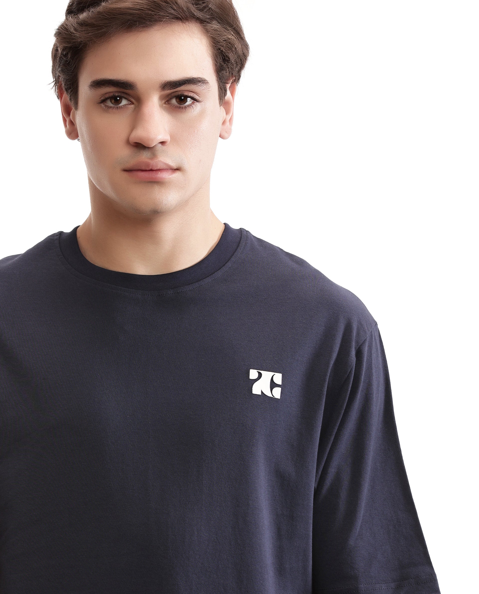 Midnight Navy Blue Single Jersey Crew Neck Oversized T-Shirt with Pure White HD Print