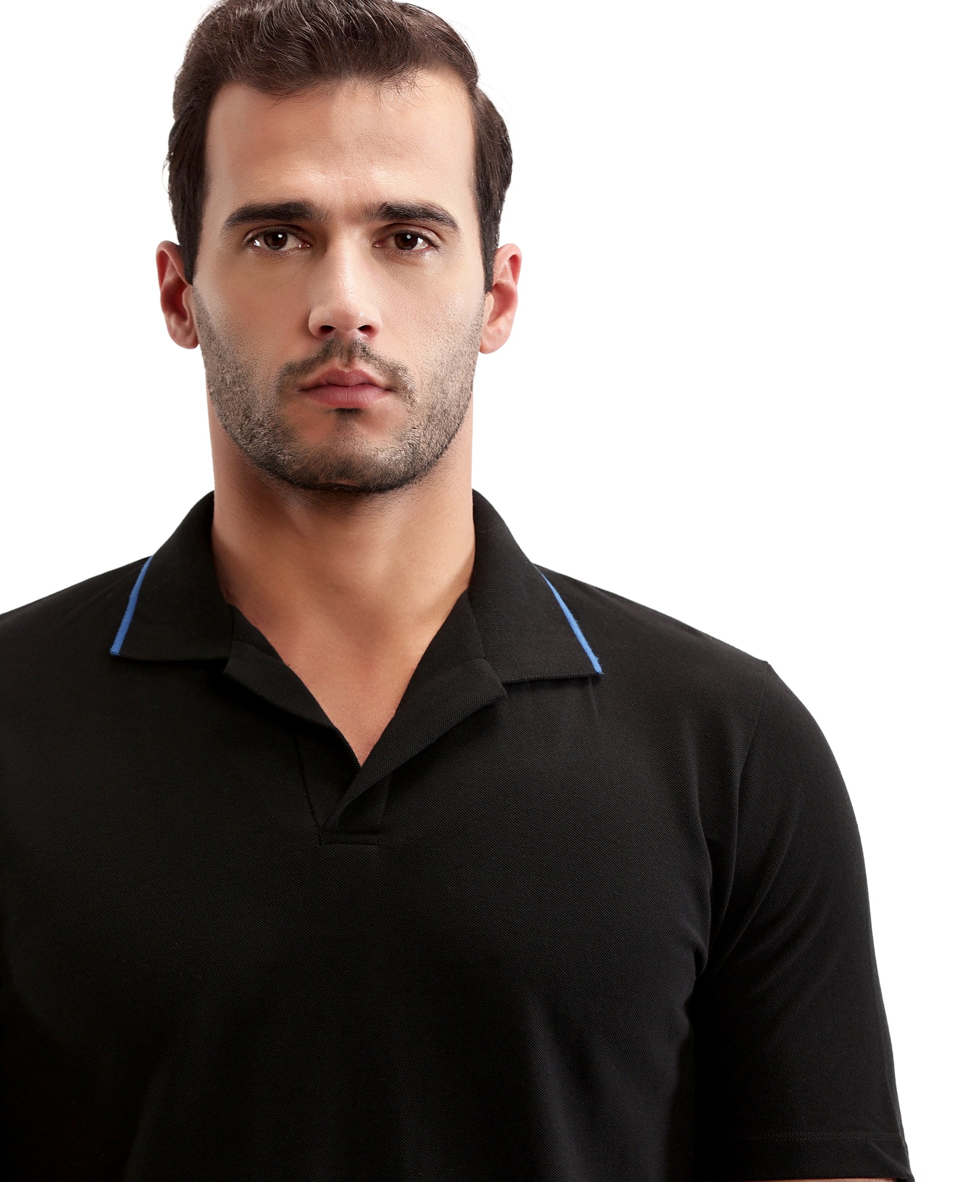 Charcoal Black Johnny Collar Pique Polo with Prussian Blue Collar Piping