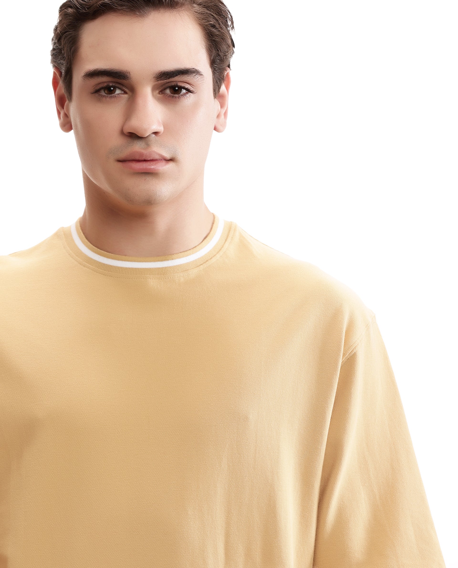 Camel Beige Pique Crew Neck Oversized T-Shirt with Pure White Piping