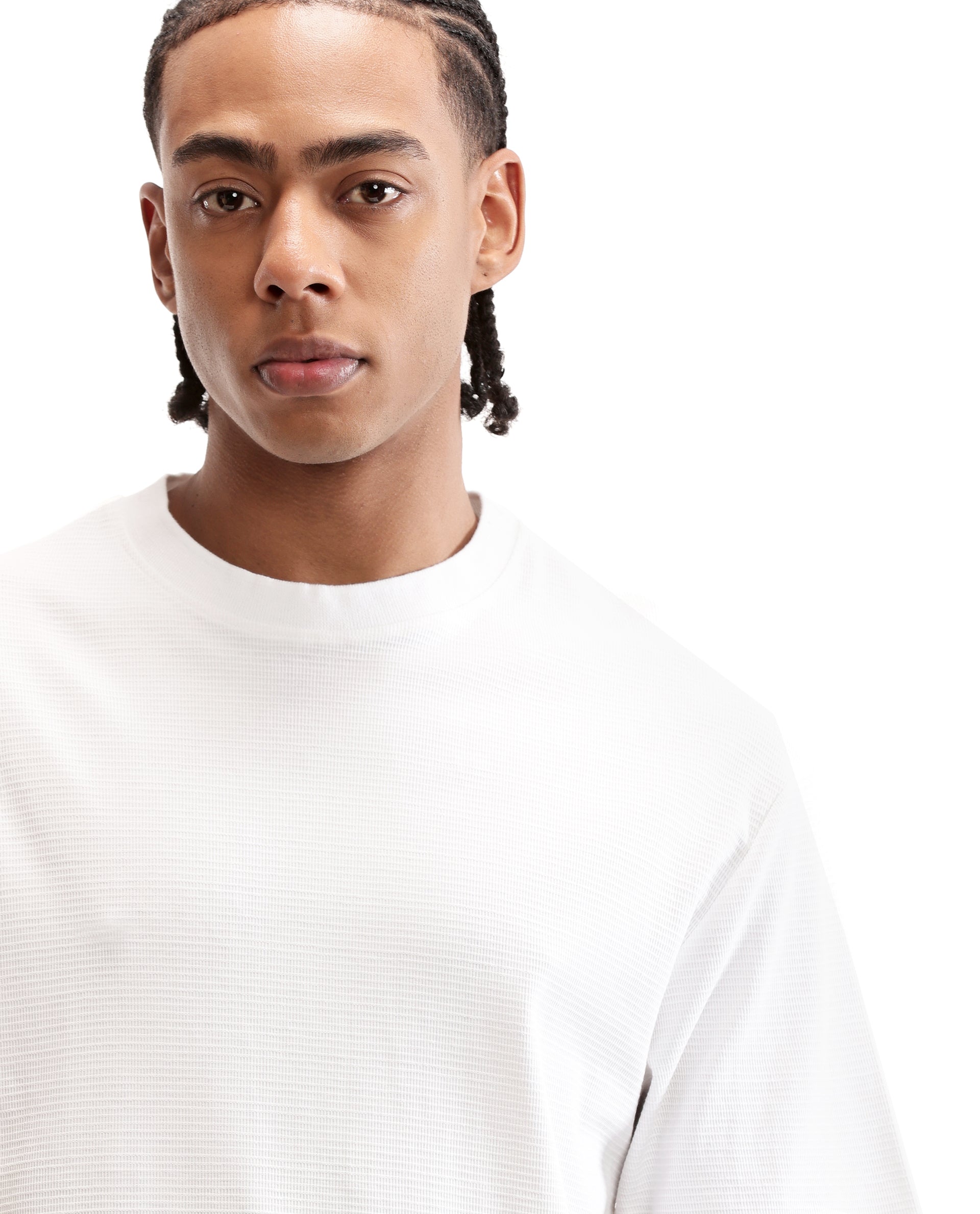 Pure White Knitted Waffle Crew Neck Oversized T-Shirt