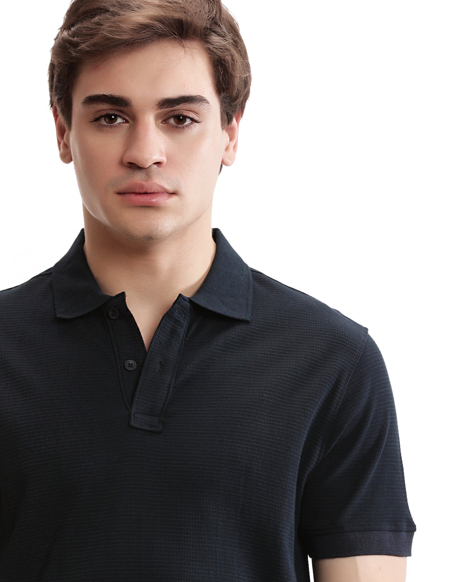 Midnight Navy Blue Knitted Waffle Polo with Ribbed Collar
