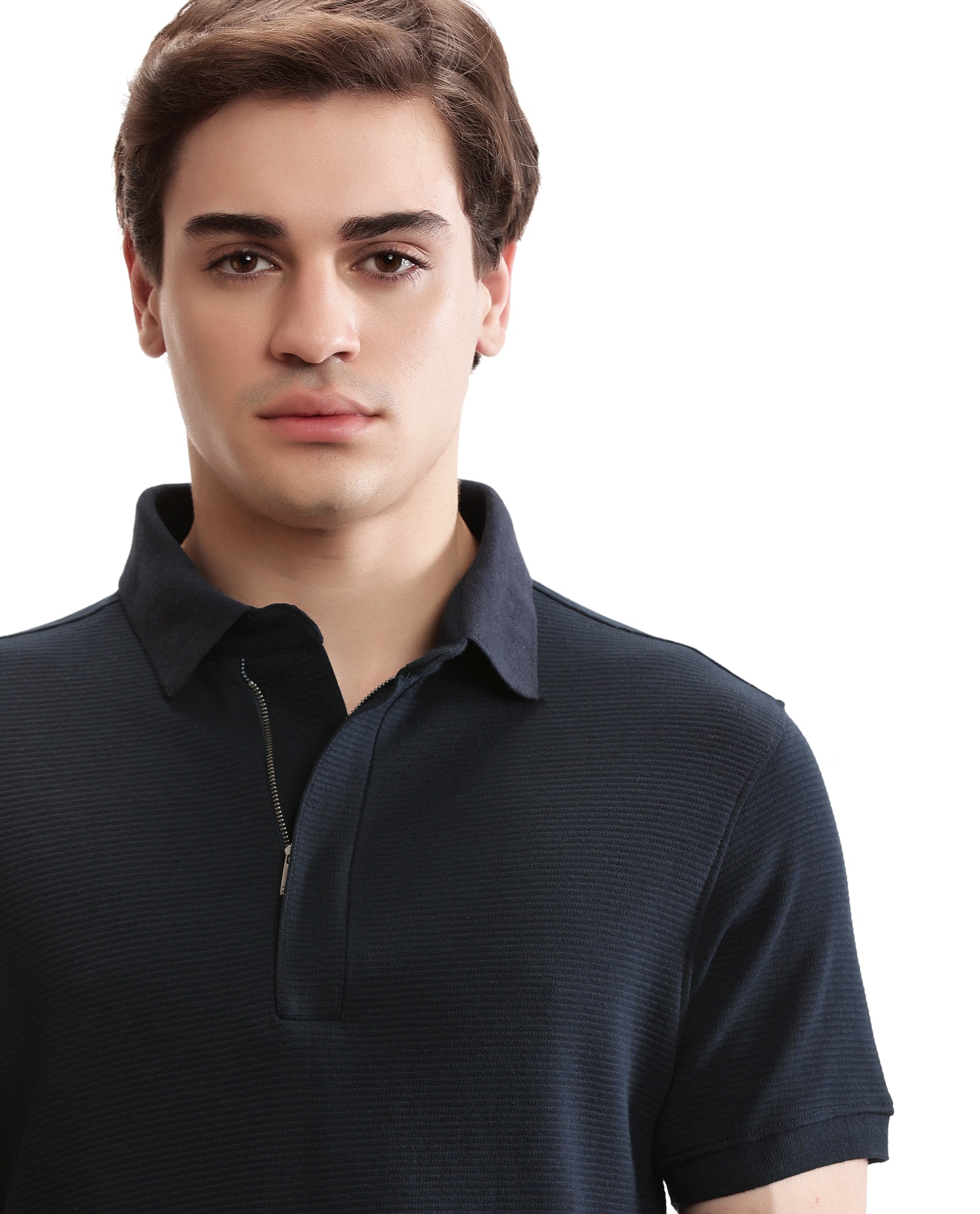 Midnight Navy Blue Knitted Ottoman Polo with 7C Metal Zip