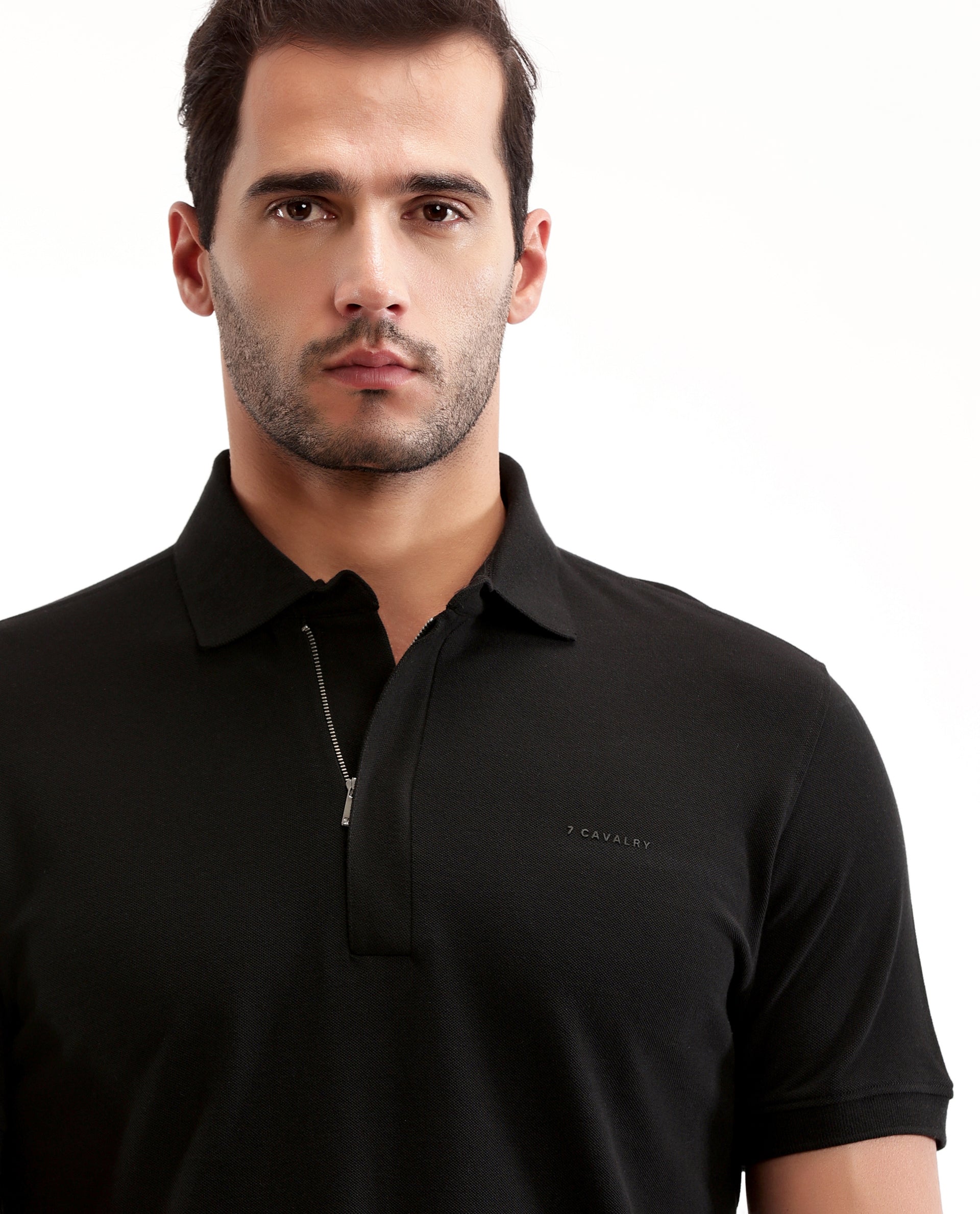 Charcoal Black Solid Polo with Concealed 7C Metal Zip, HD Print