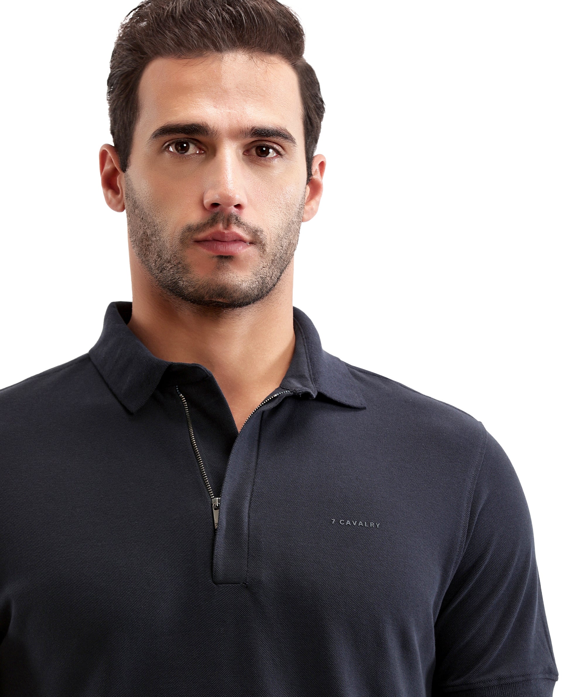 Midnight Navy Blue Pique Polo with Concealed 7C Metal Zip, HD Print