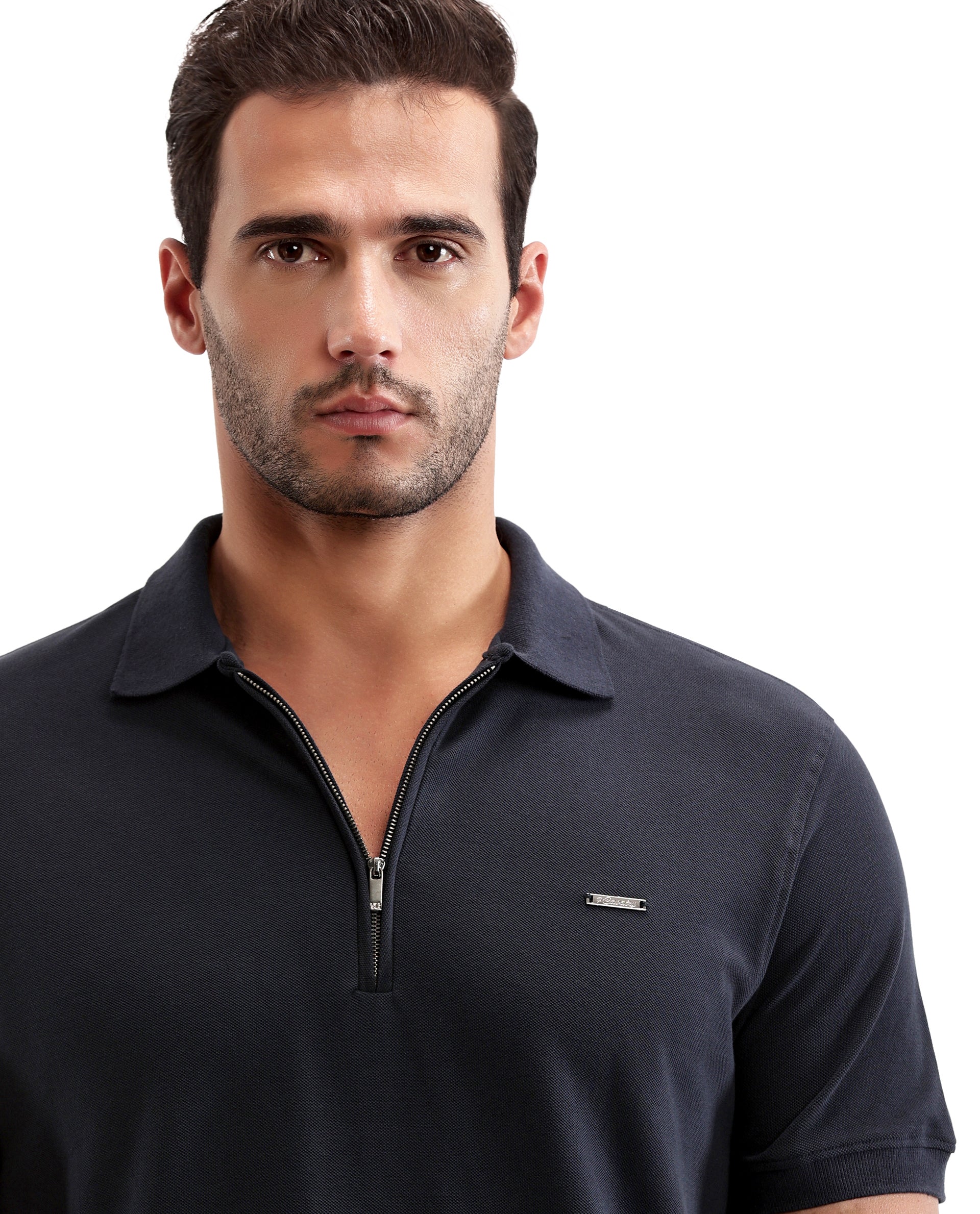 Midnight Navy Blue Pique Polo with 7C Metal Zip, Metal Badge