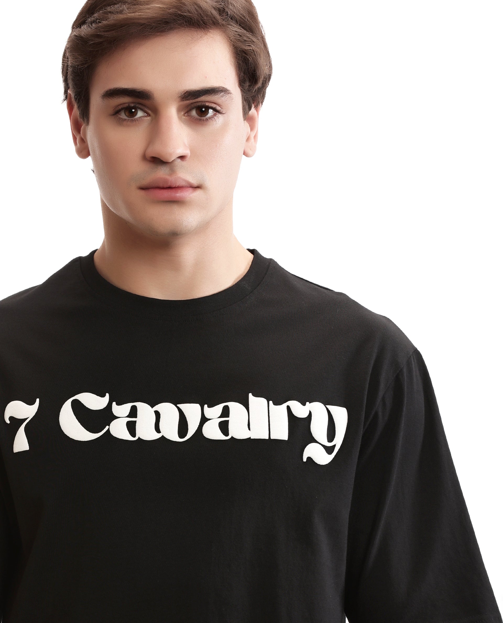 Charcoal Black Single Jersey Crew Neck Oversized T-Shirt with Pure White Puff Print