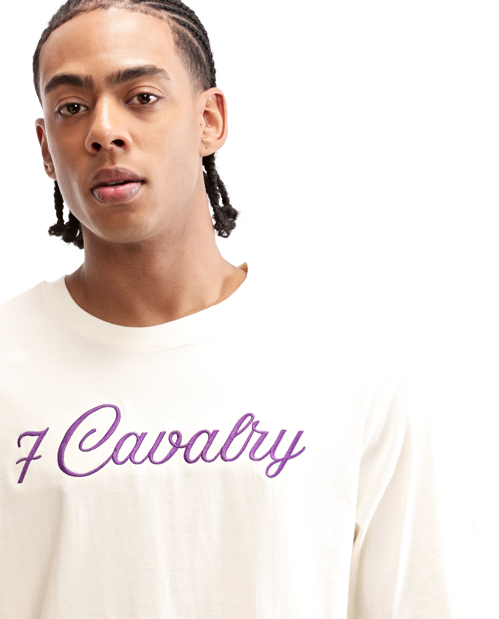 Ivory White Single Jersey Crew Neck Oversized T-Shirt with Deep Purple Embroidery