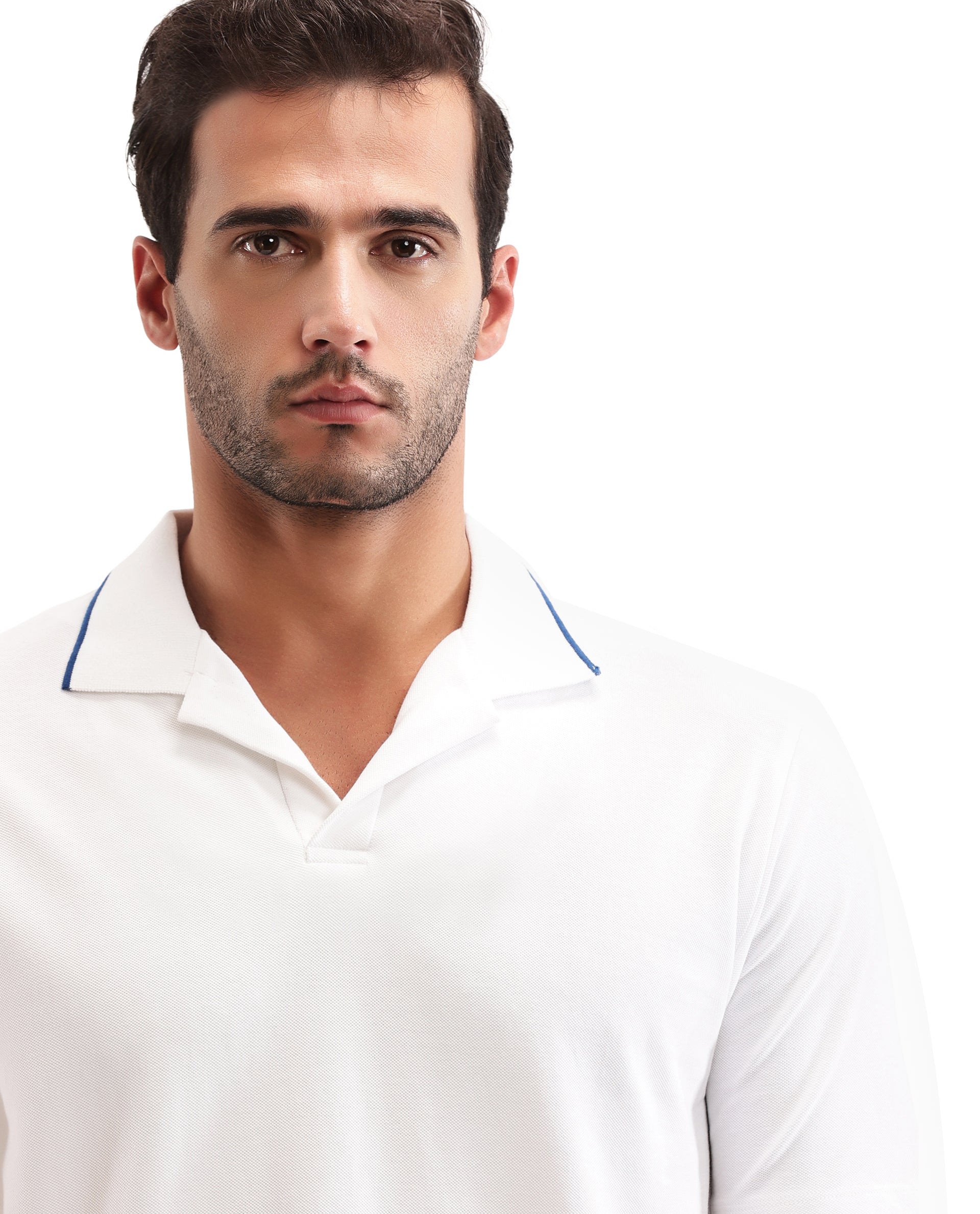 Pure White Johnny Collar Pique Polo with Prussian Blue Collar Piping