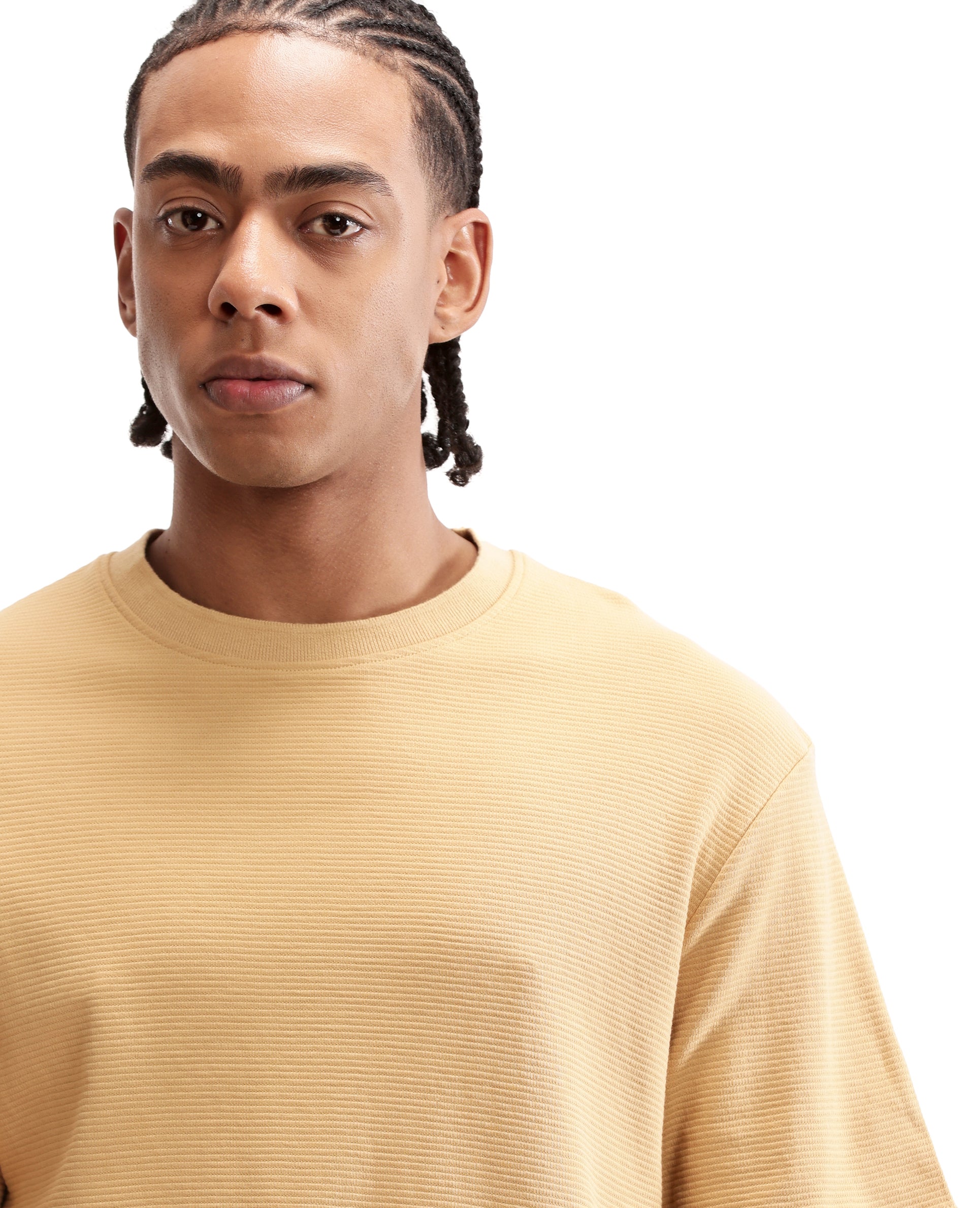 Camel Beige Knitted Ottoman Crew Neck Oversized T-Shirt