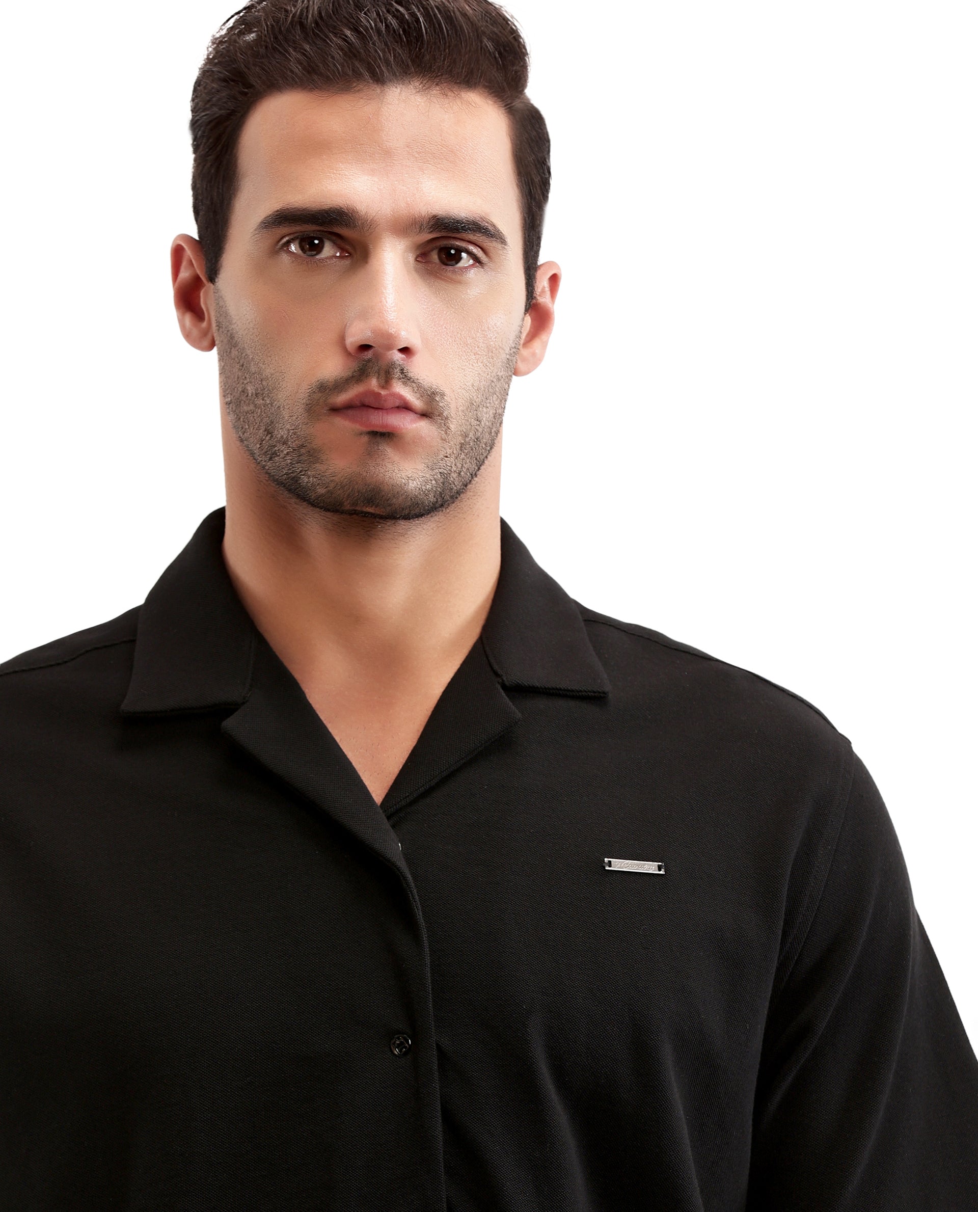 Charcoal Black Pique Knit Shirt with 7C Engraved Snap Buttons, Gun Metal Badge