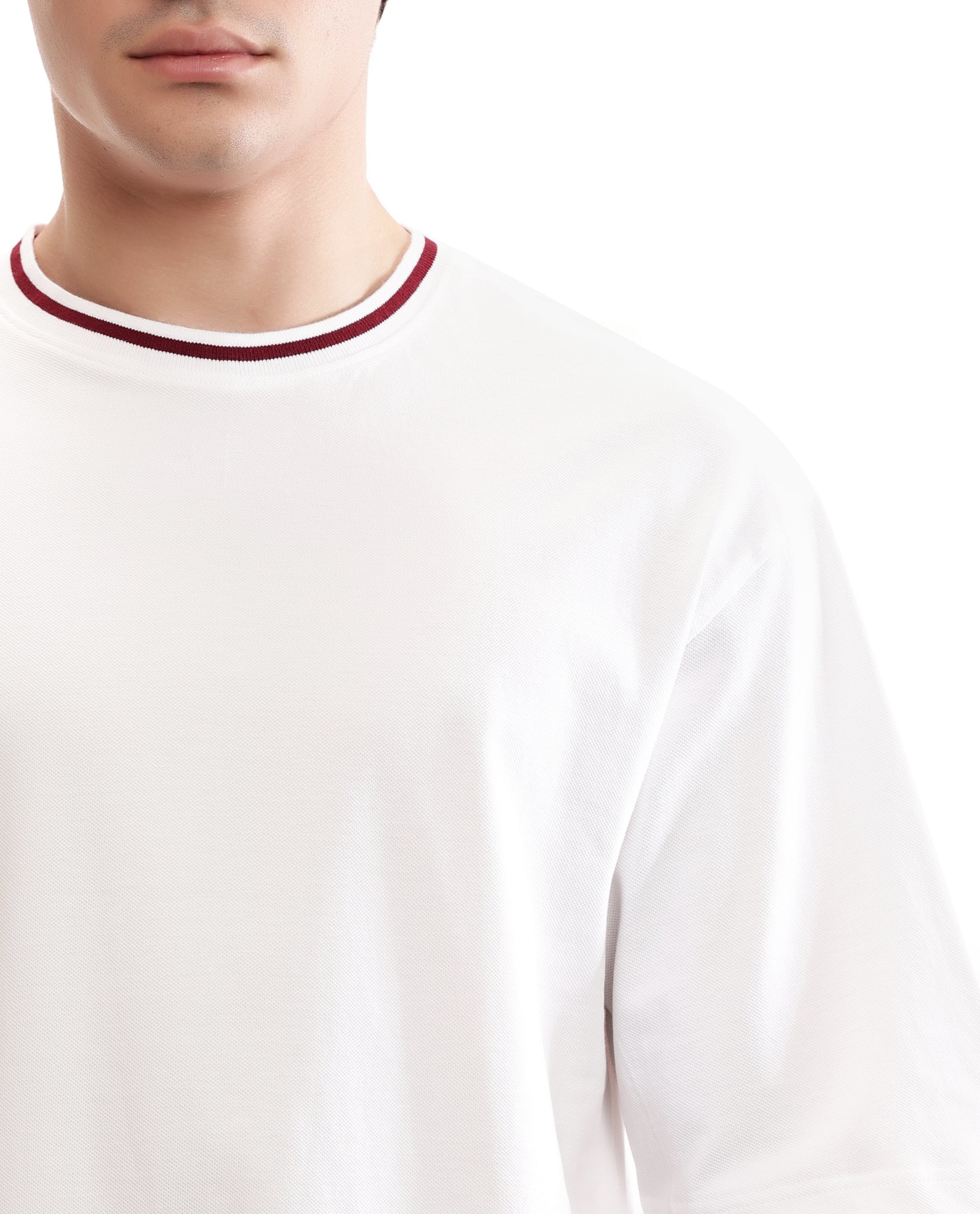 Pure White Pique Crew Neck Oversized T-Shirt with Bordeaux Maroon Piping