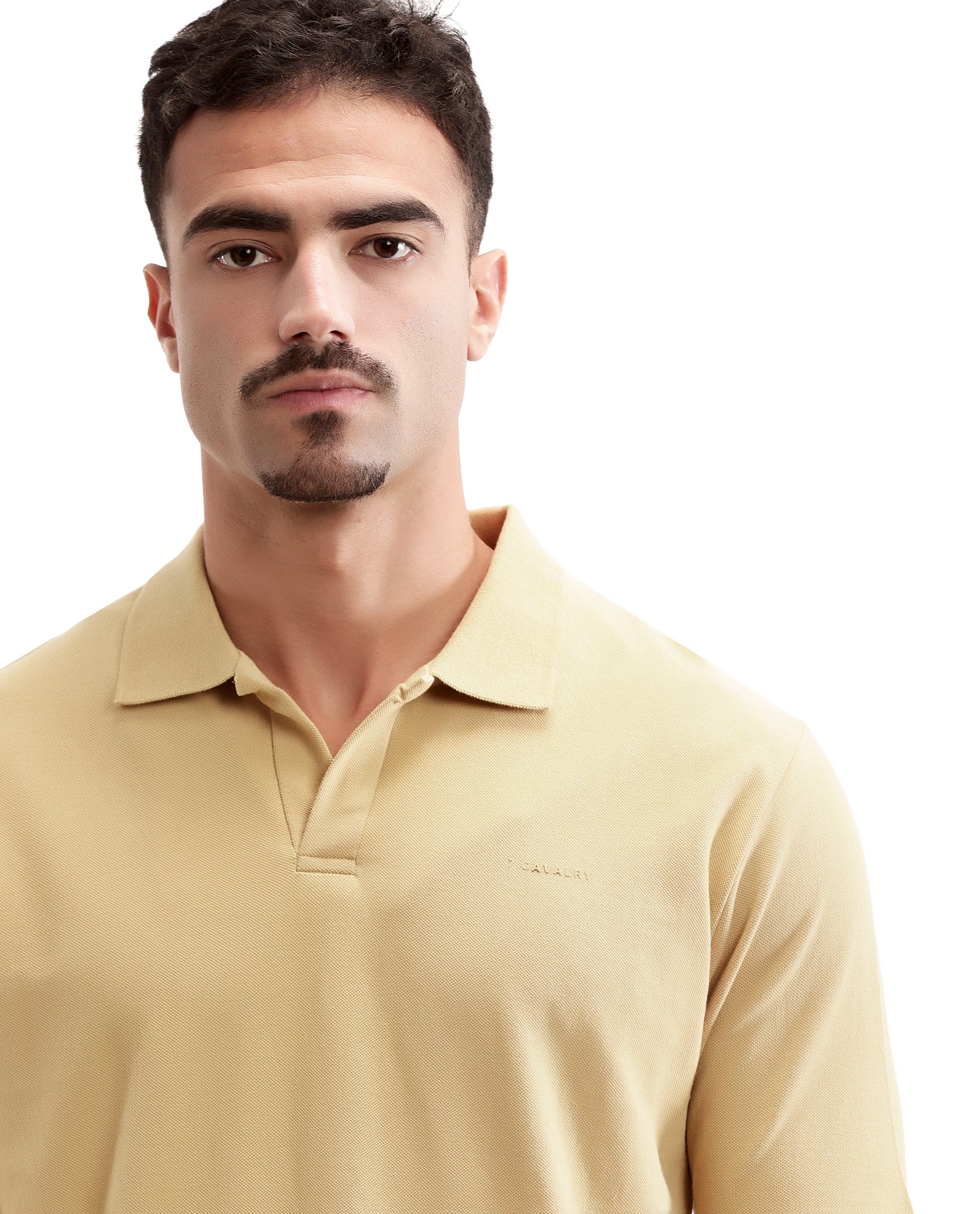 Camel Beige Pique Johnny Collar Polo with HD Print