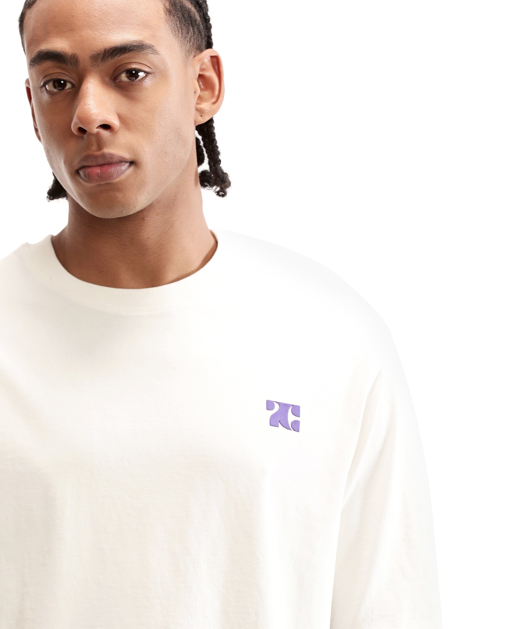 Ivory White Single Jersey Crew Neck Oversized T-Shirt with Deep Purple HD Print