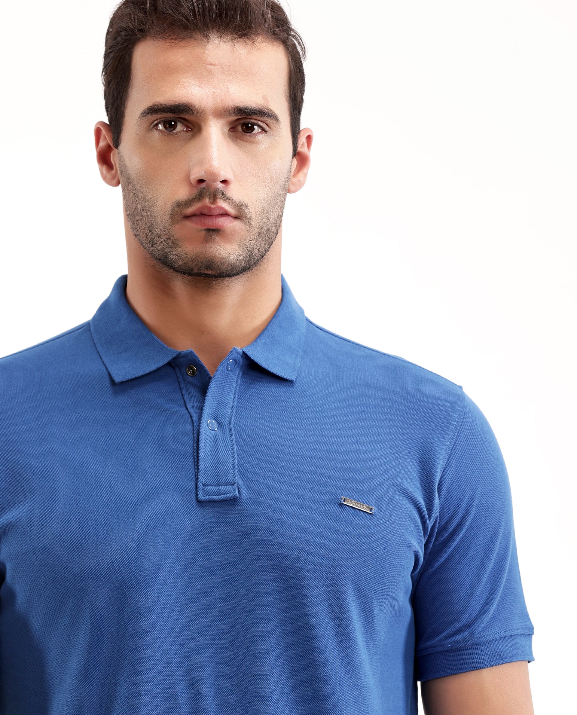 Imperial Prussian Blue Pique Polo with 7C Snap Buttons, Metal Badge