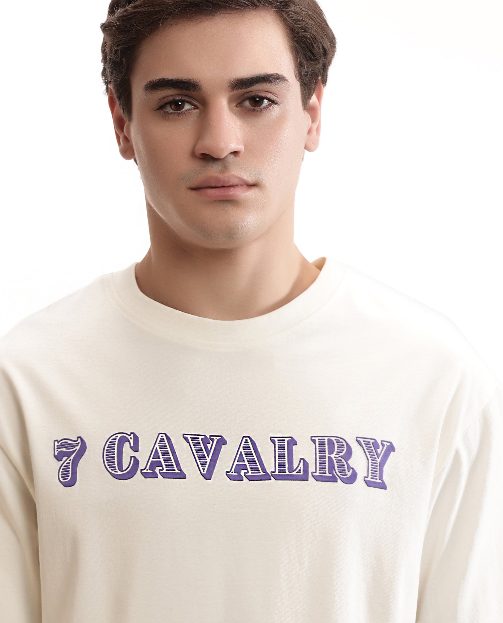Ivory White Single Jersey Crew Neck Oversized T-Shirt with Deep Purple HD Print