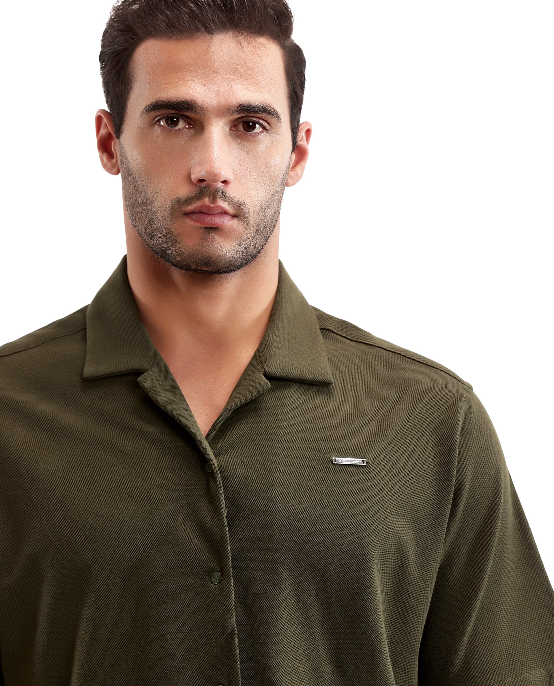 Vintage Olive Pique Knit Shirt with 7C Engraved Snap Buttons, Gun Metal Badge
