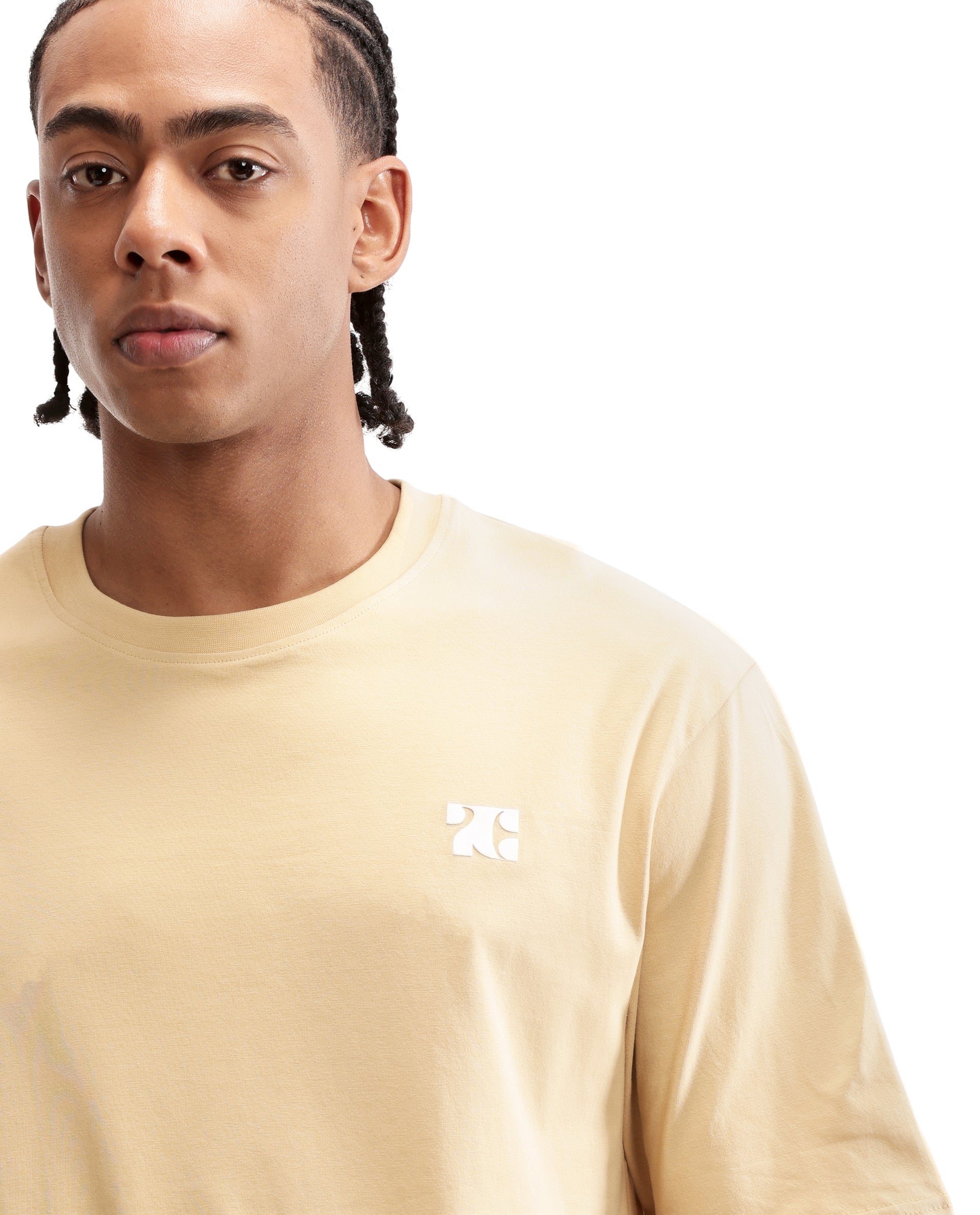 Camel Beige Single Jersey Crew Neck Oversized T-Shirt with Pure White HD Print