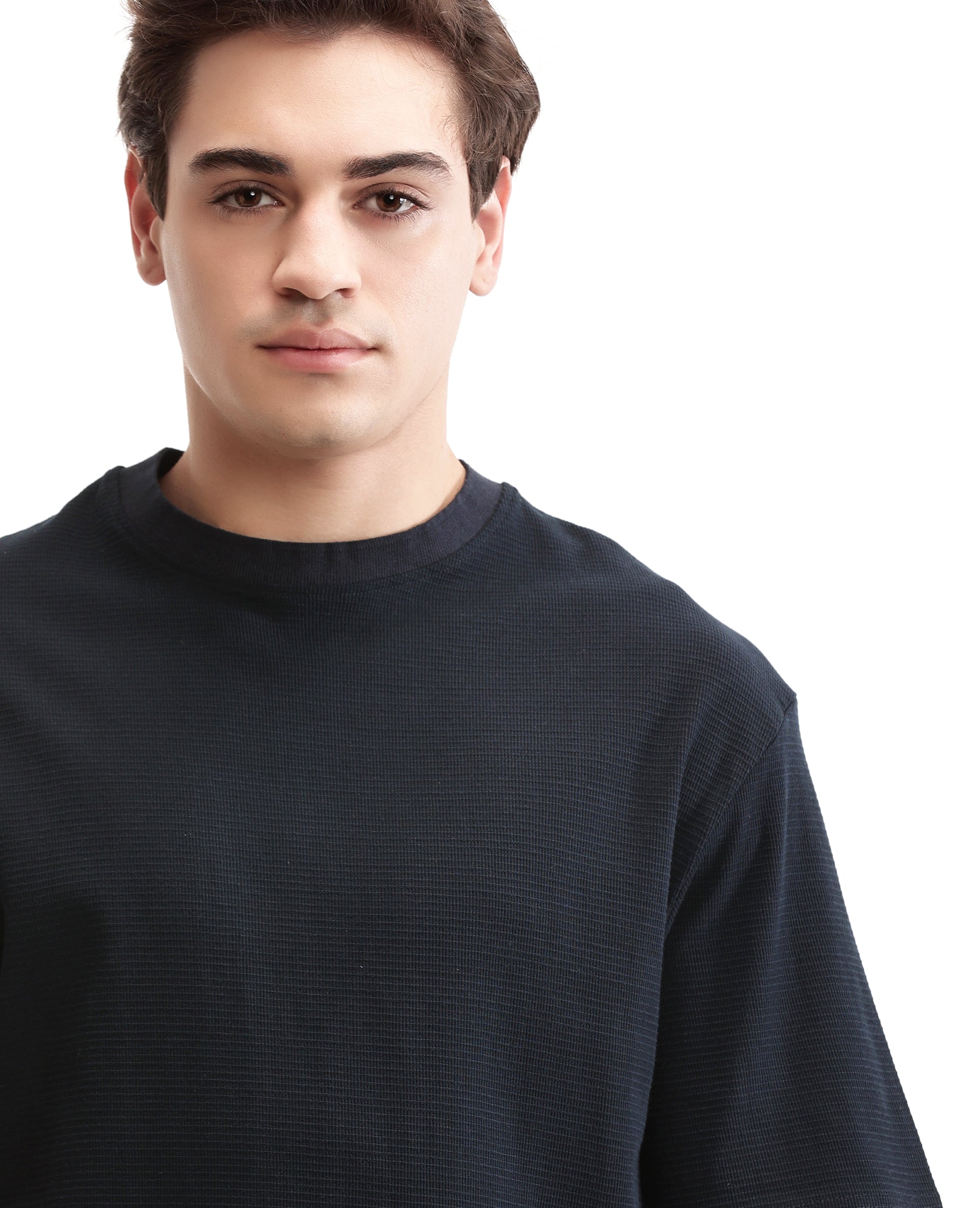 Midnight Navy Blue Knitted Ottoman Crew Neck Oversized T-Shirt