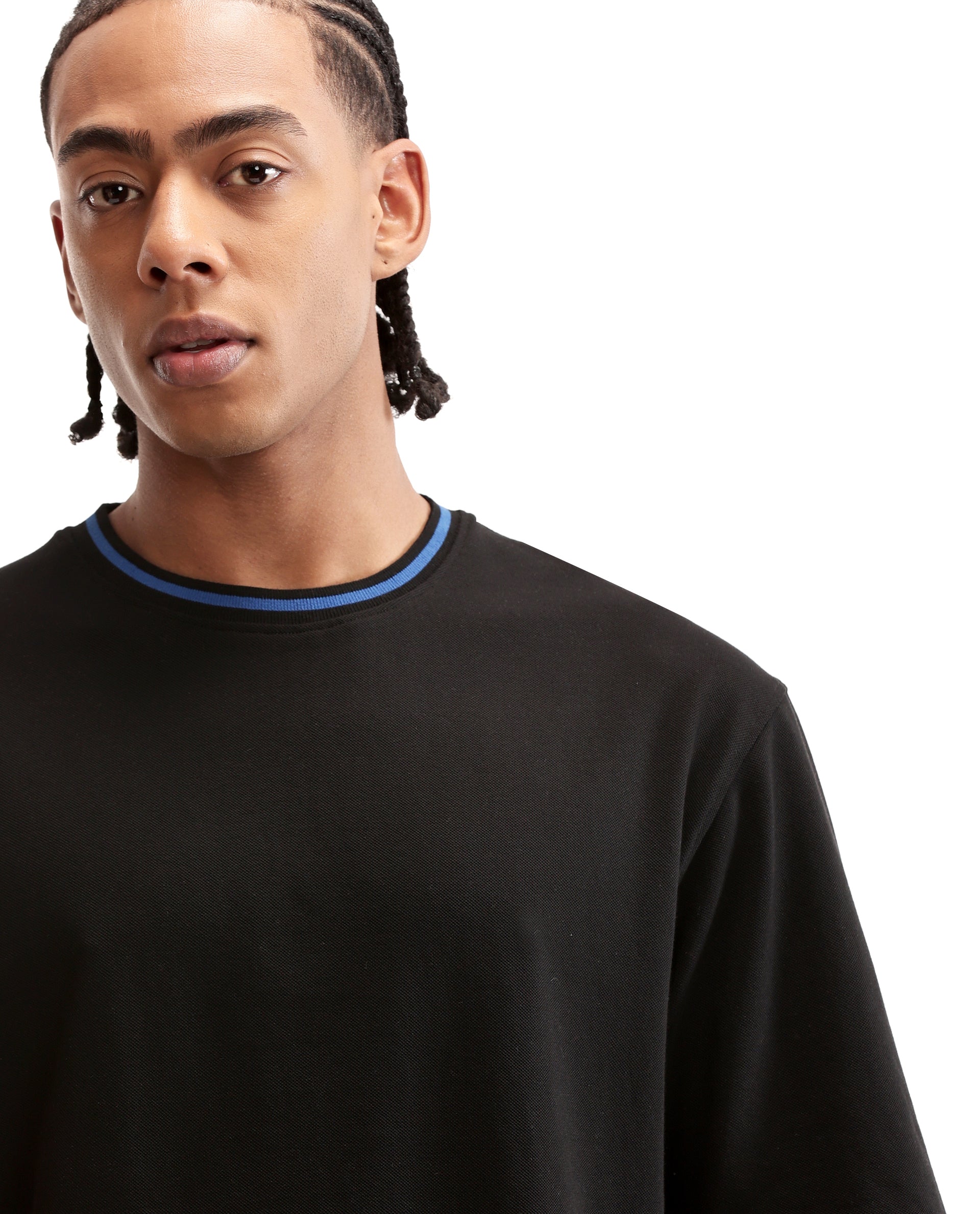Charcoal Black Pique Crew Neck Oversized T-Shirt with Imperial Prussian Blue Piping