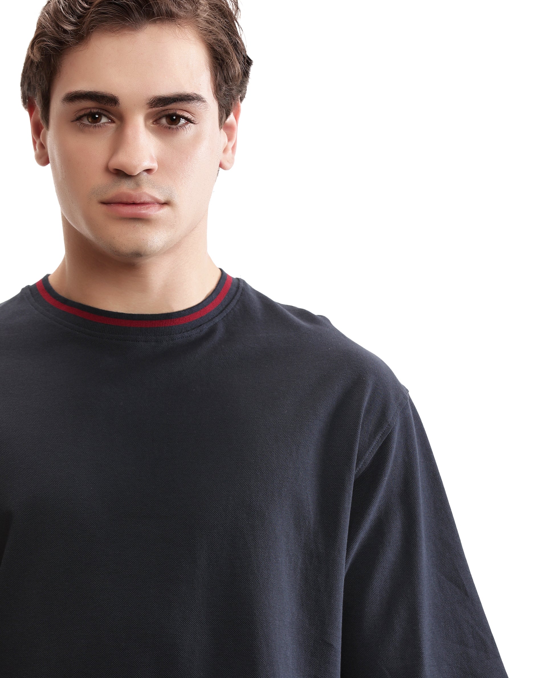 Midnight Navy Blue Pique Crew Neck Oversized T-Shirt with Bordeaux Maroon Piping