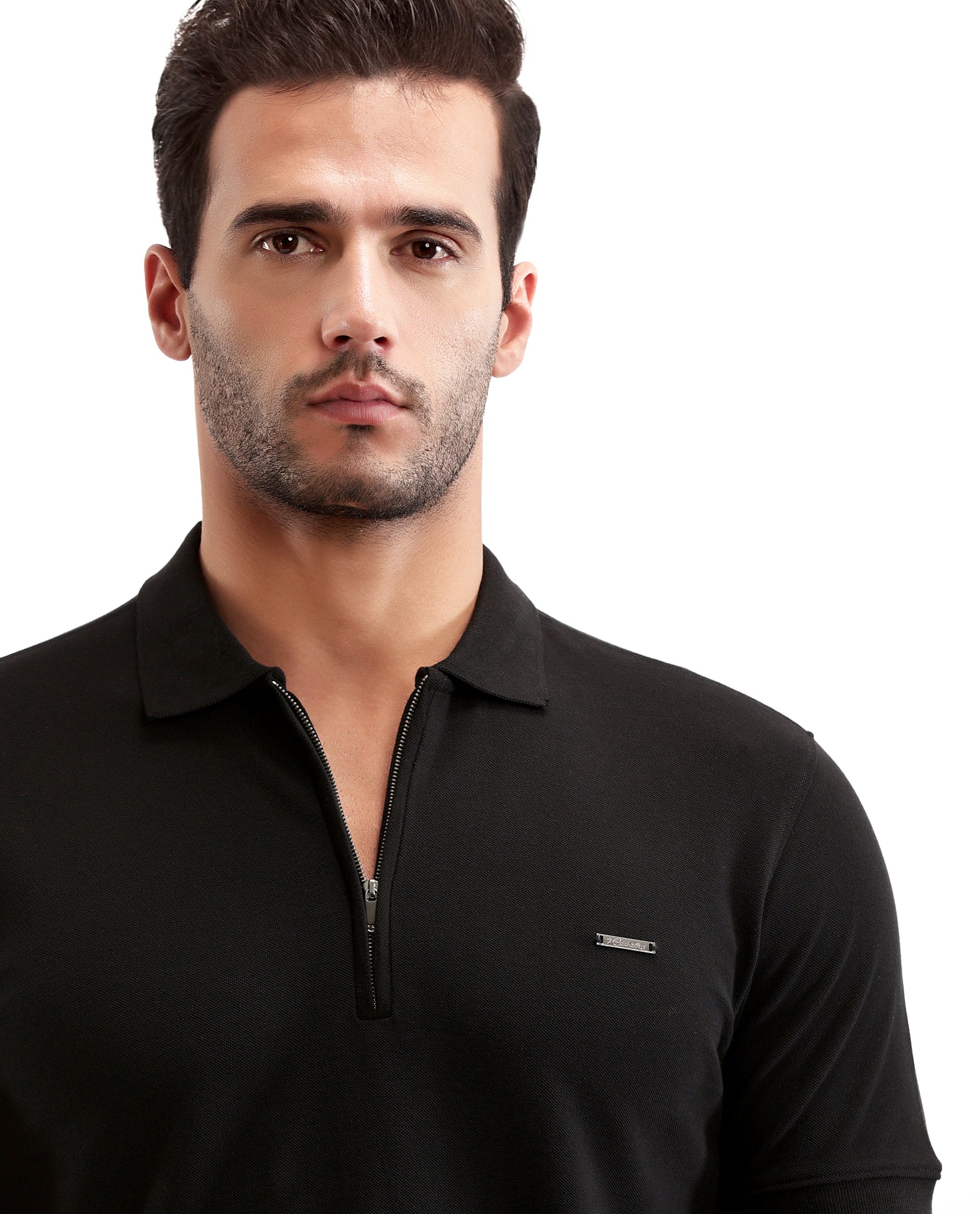 Charcoal Black Pique Polo with 7C Metal Zip, Metal Badge