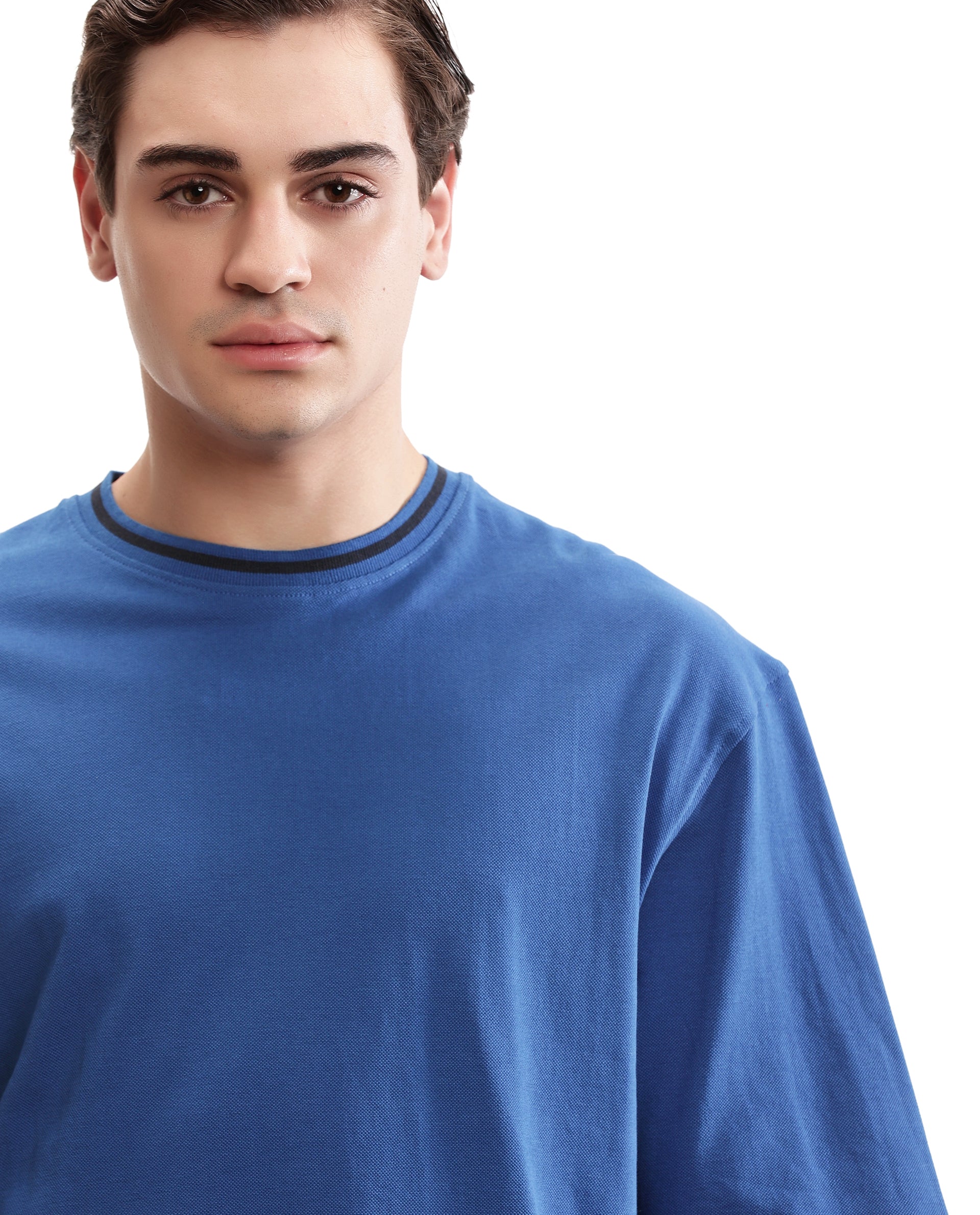 Imperial Prussian Blue Pique Crew Neck Oversized T-Shirt with Midnight Navy Blue Piping