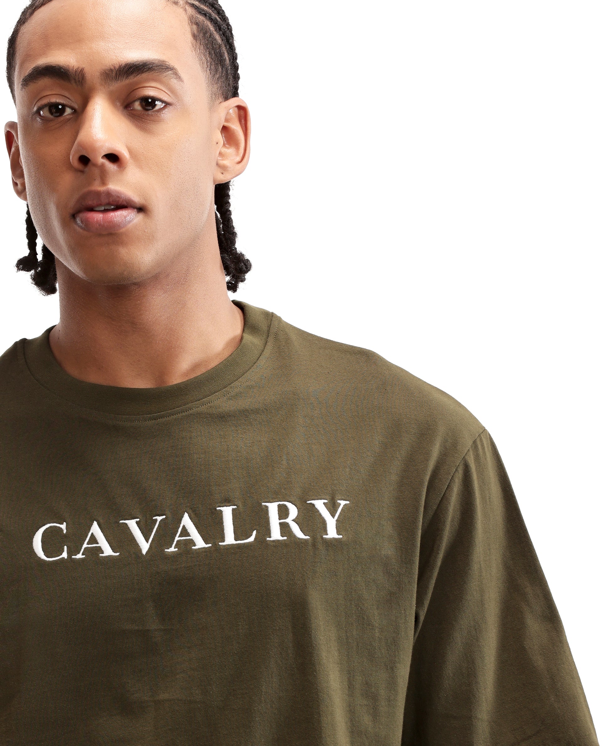 Vintage Olive Single Jersey Crew Neck Oversized T-Shirt with Pure White Embroidery
