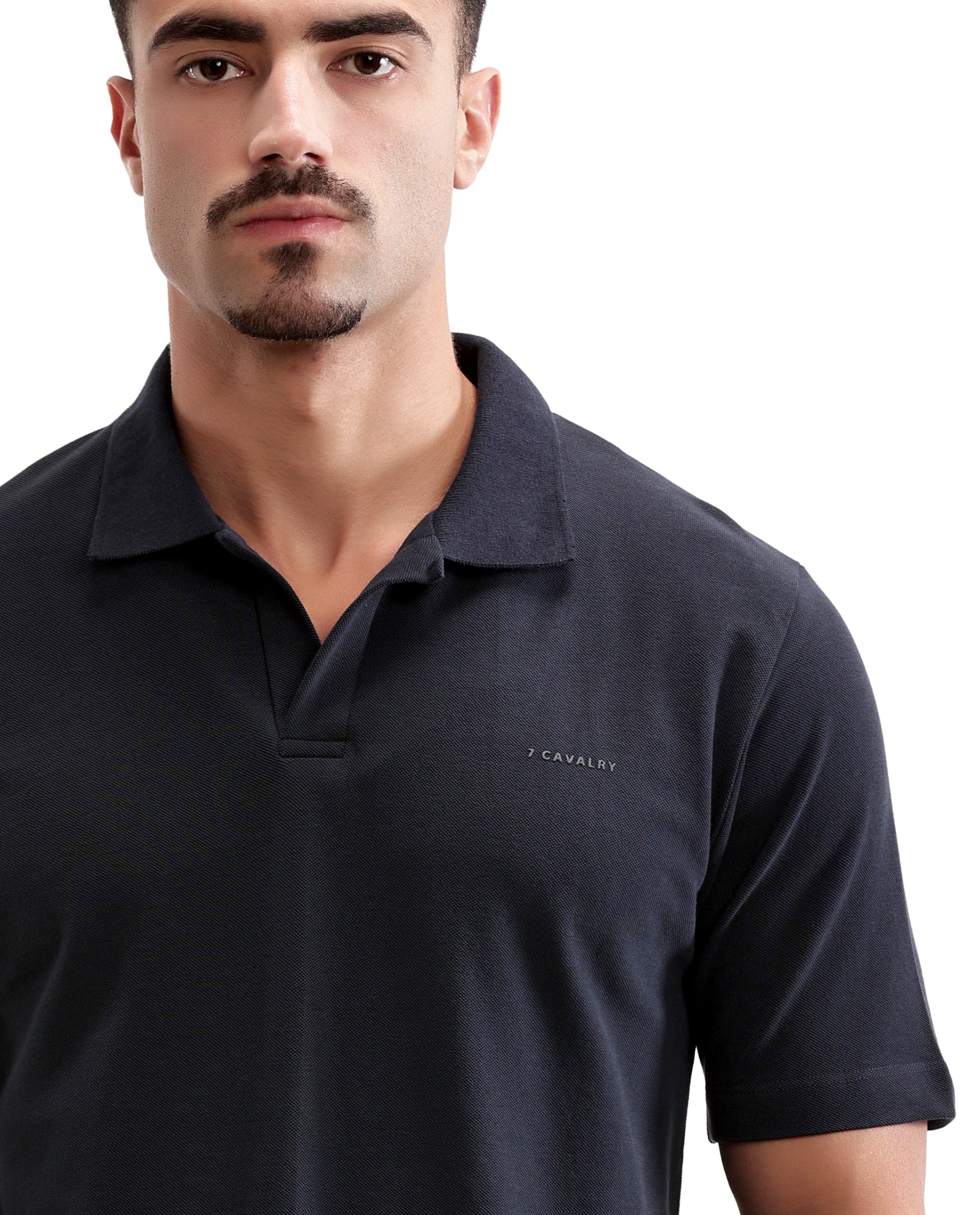 Midnight Navy Blue Pique Johnny Collar Polo with HD Print