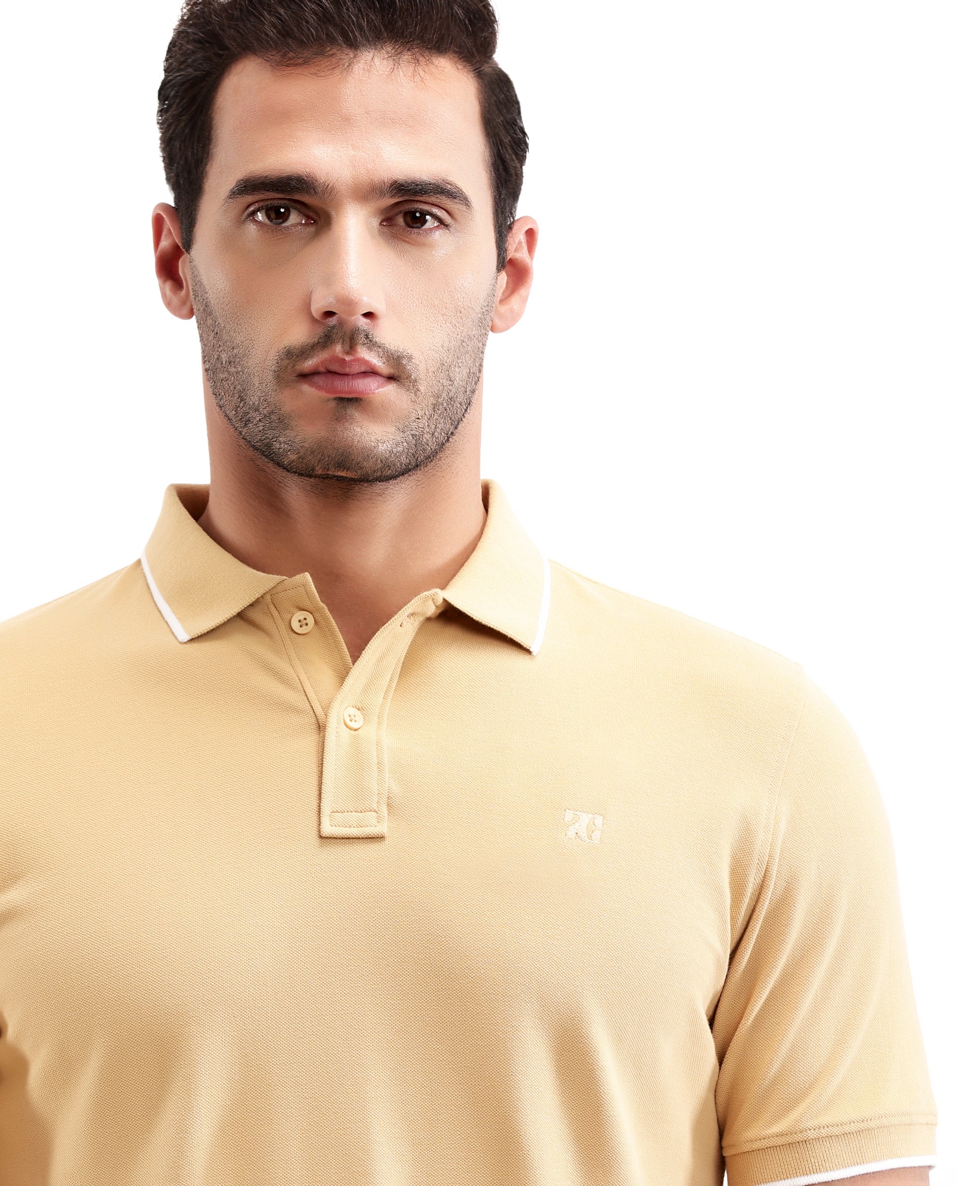 Camel Beige Pique Polo with White Collar Piping, Tone-on-Tone 7C Embroidery