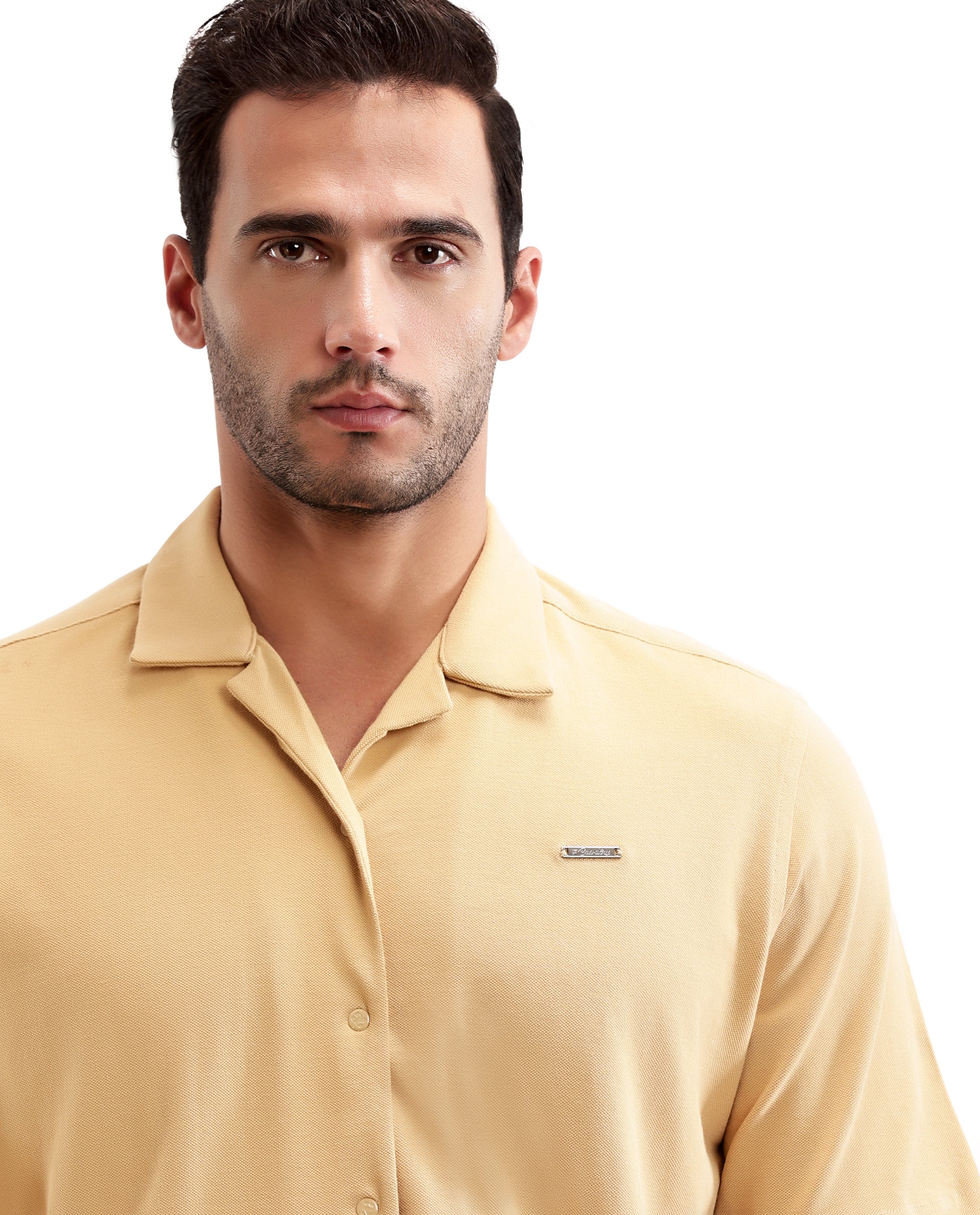 Camel Beige Pique Knit Shirt with 7C Engraved Snap Buttons, Gun Metal Badge
