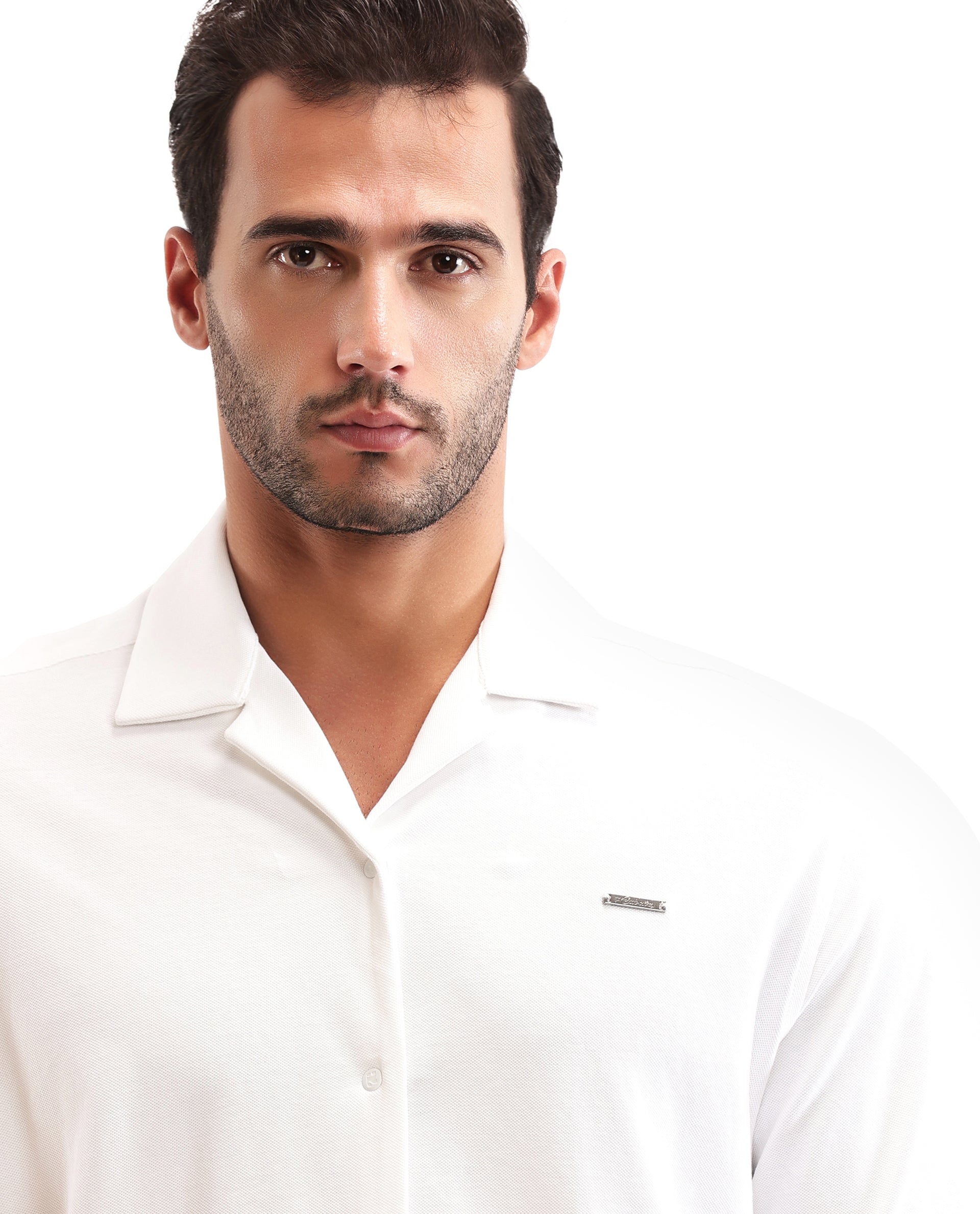 Pure White Pique Knit Shirt with 7C Engraved Snap Buttons, Gun Metal Badge