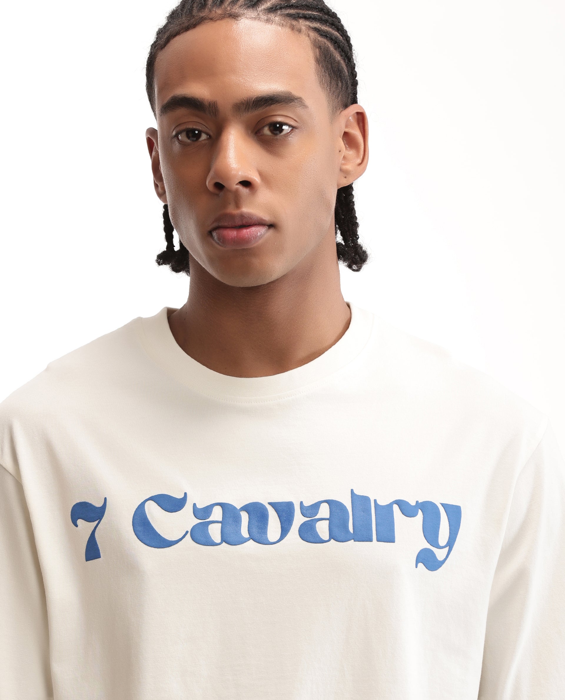 Ivory White Single Jersey Crew Neck Oversized T-Shirt with Midnight Navy Blue Puff Print