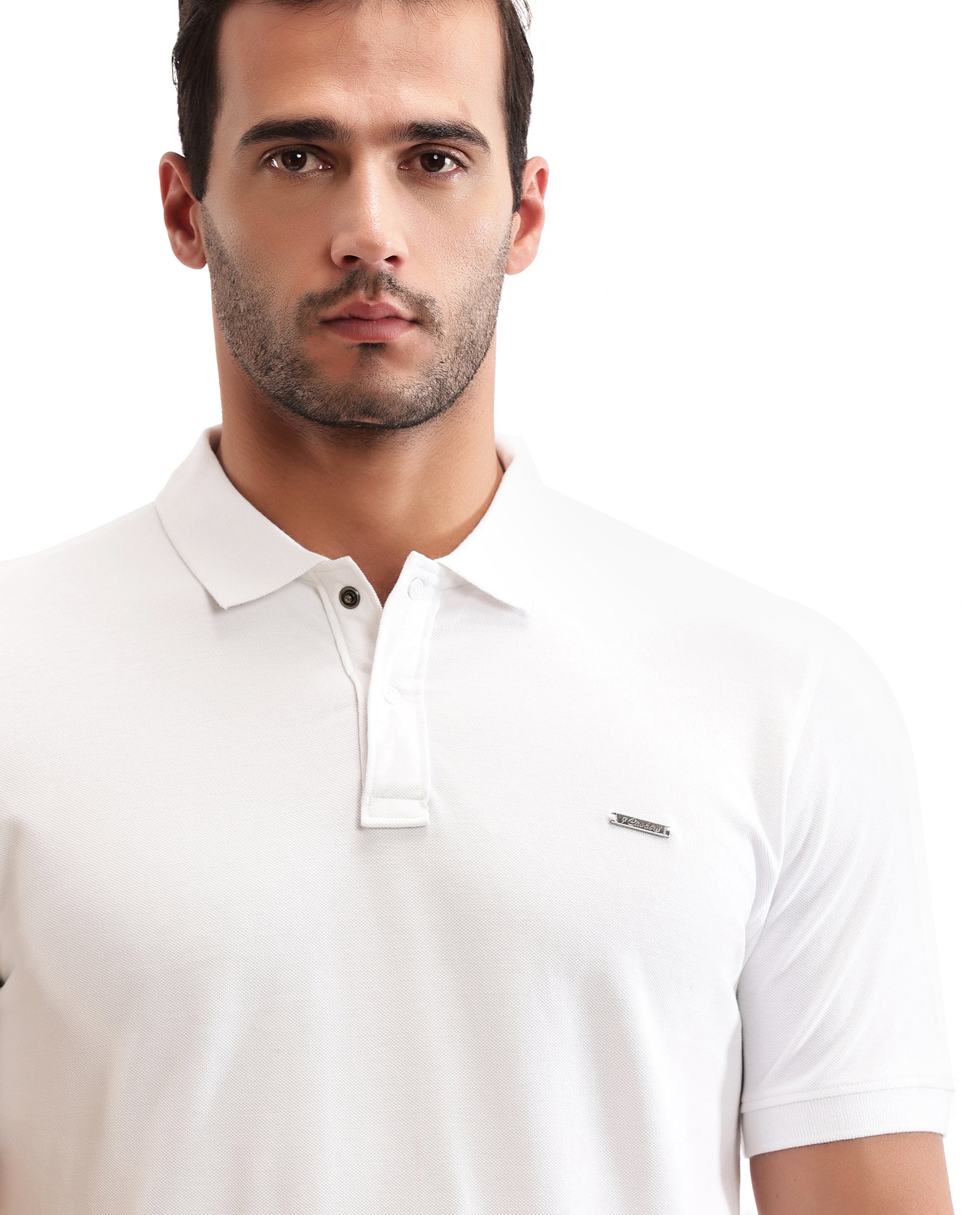 Pure White Pique Polo with 7C Snap Buttons, Metal Badge