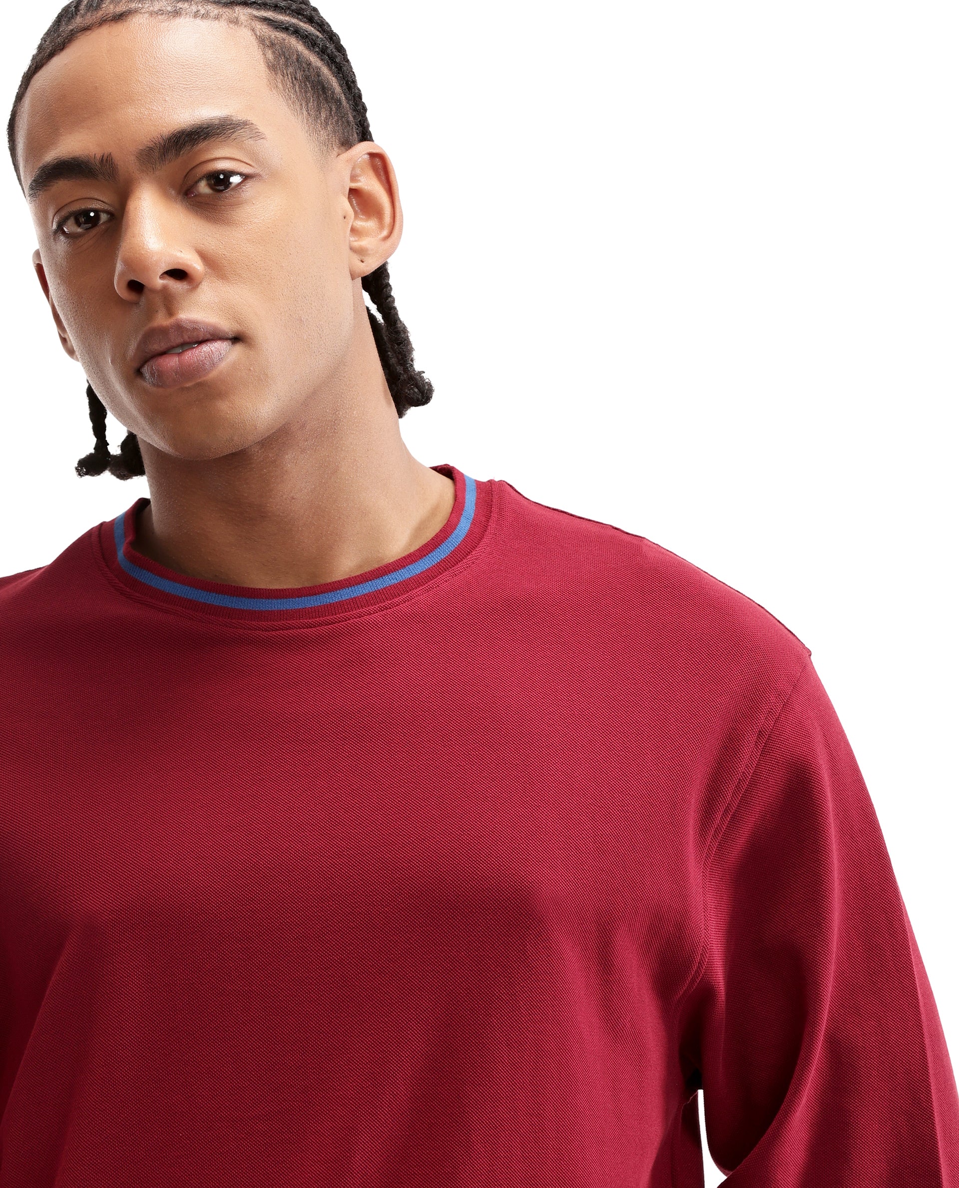 Bordeaux Maroon Pique Crew Neck Oversized T-Shirt with Midnight Navy Blue Piping