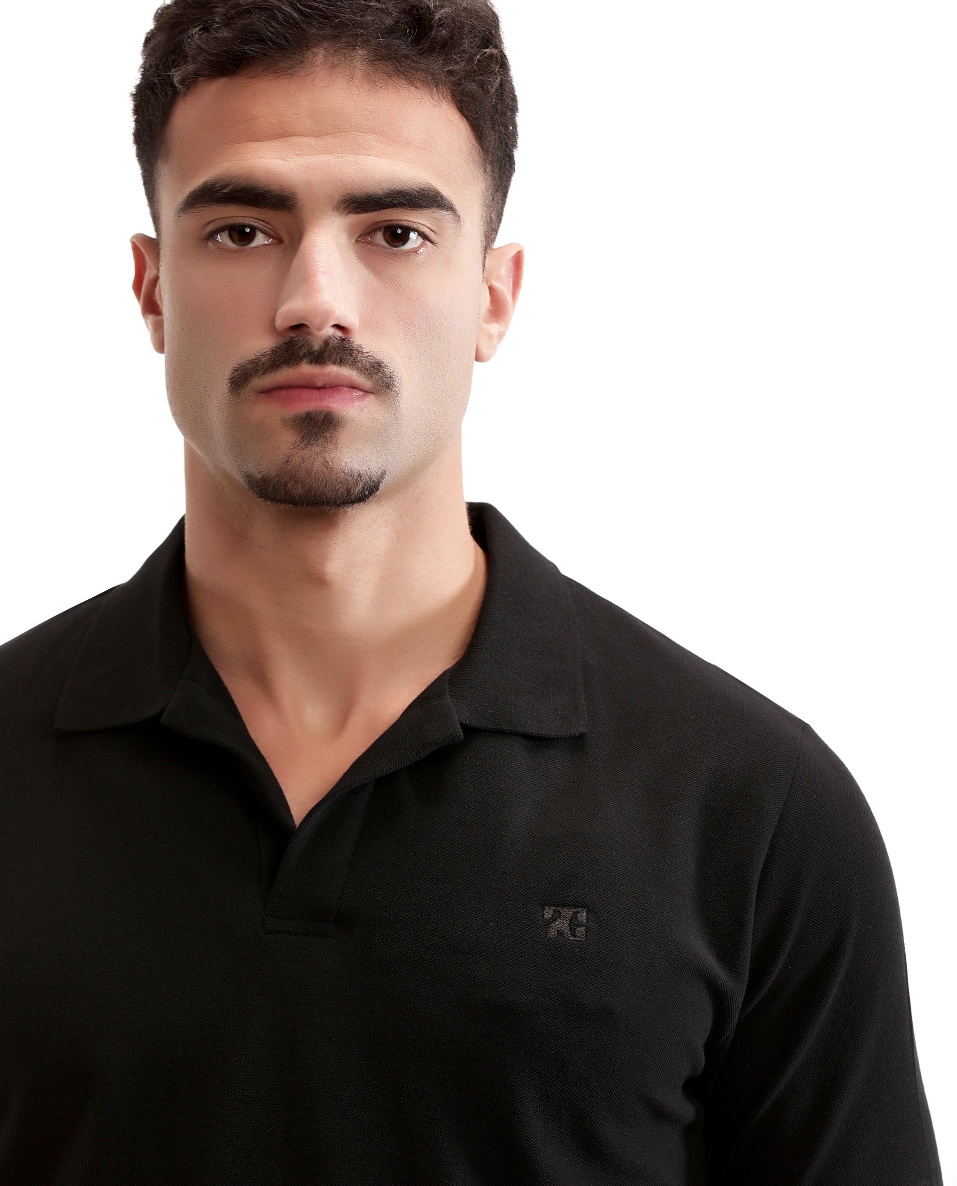 Charcoal Black Johnny Collar Pique Polo with Tone-on-Tone 7C Embroidery