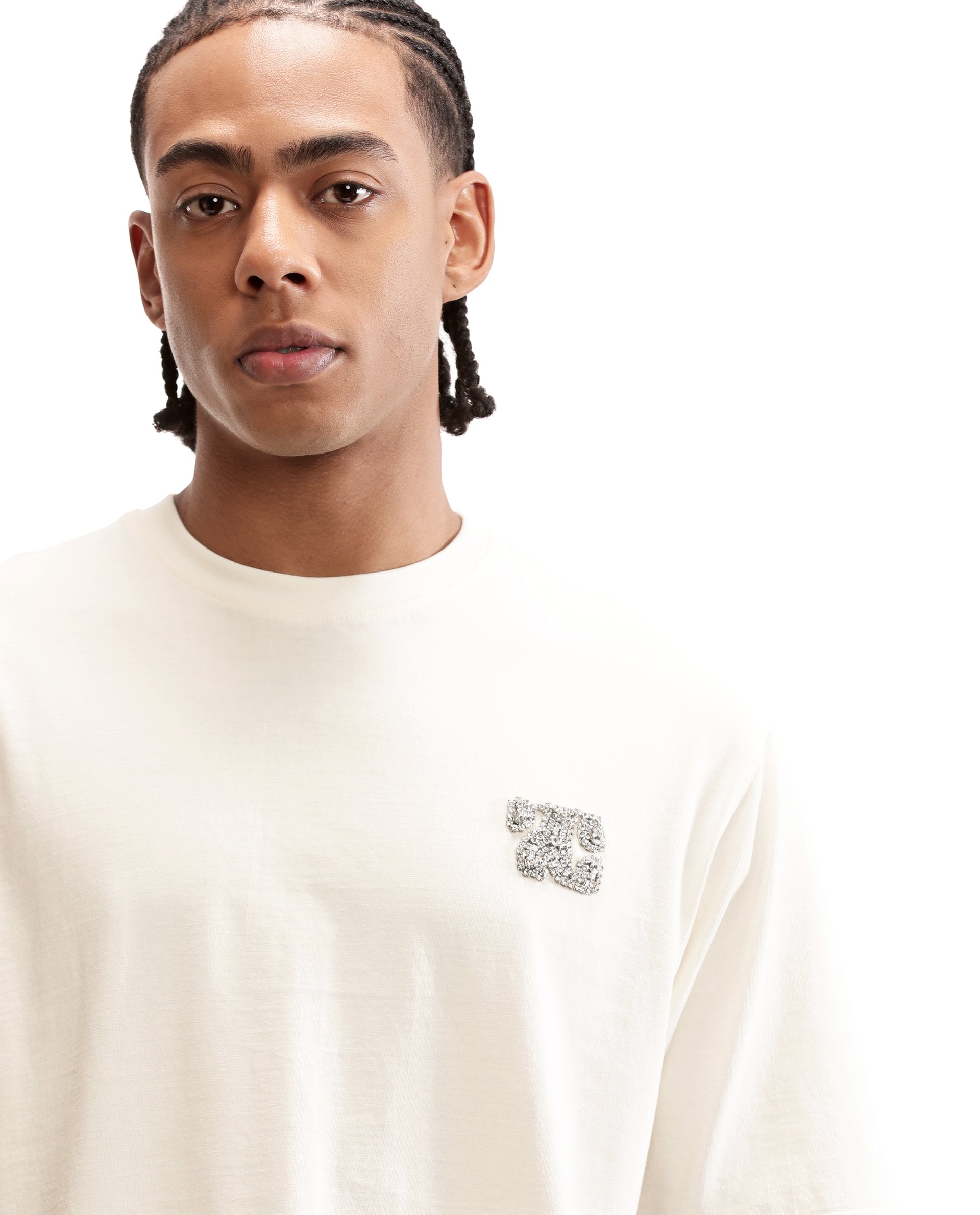 Ivory White Single Jersey Crew Neck Oversized T-Shirt with Crystal Finish Rhinestones