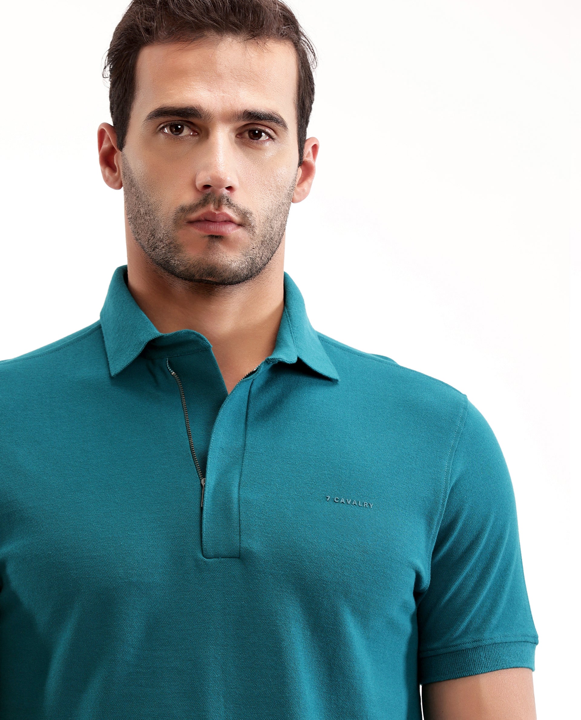Ocean Teal Pique Polo with Concealed 7C Metal Zip, HD Print