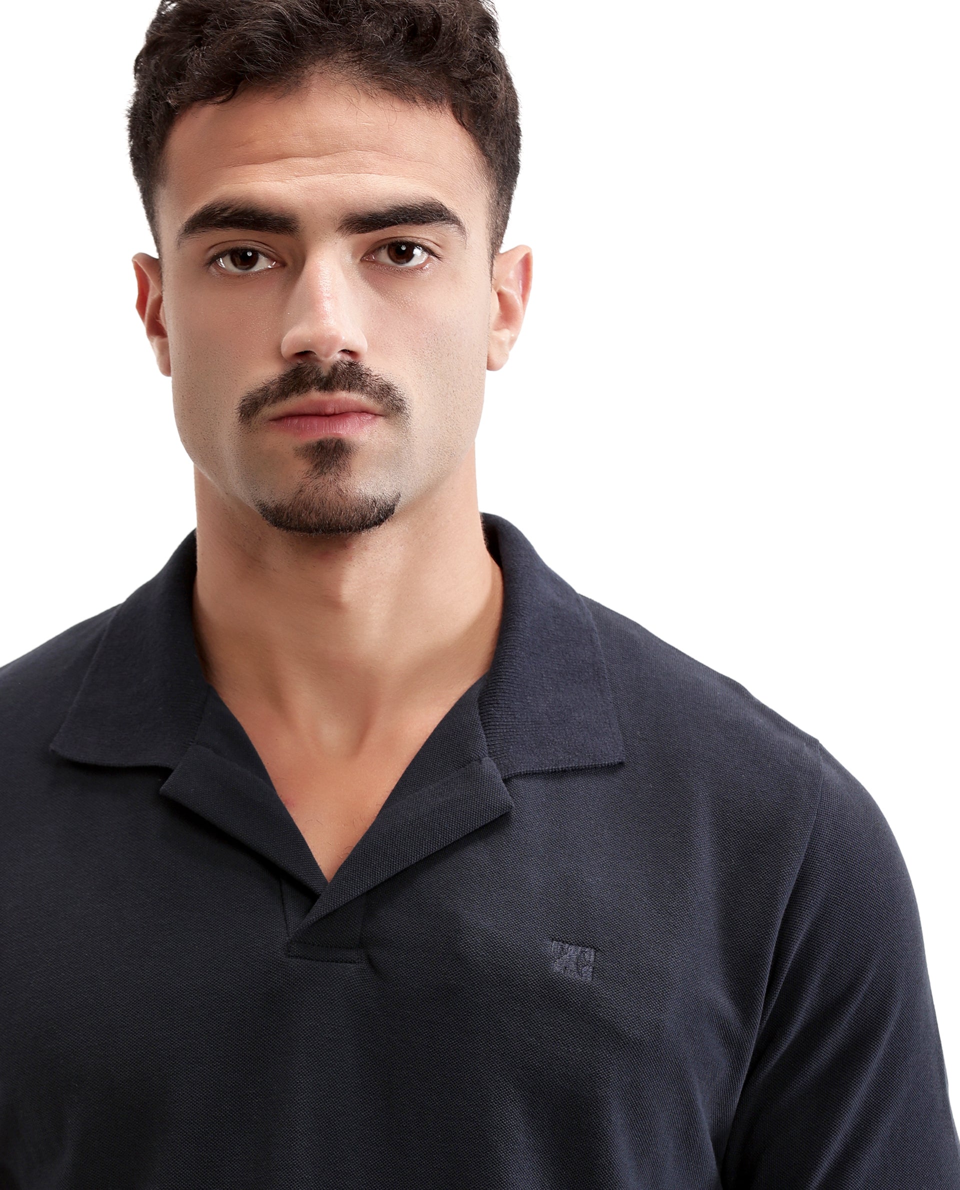 Midnight Navy Blue Johnny Collar Pique Polo with Tone-on-Tone 7C Embroidery
