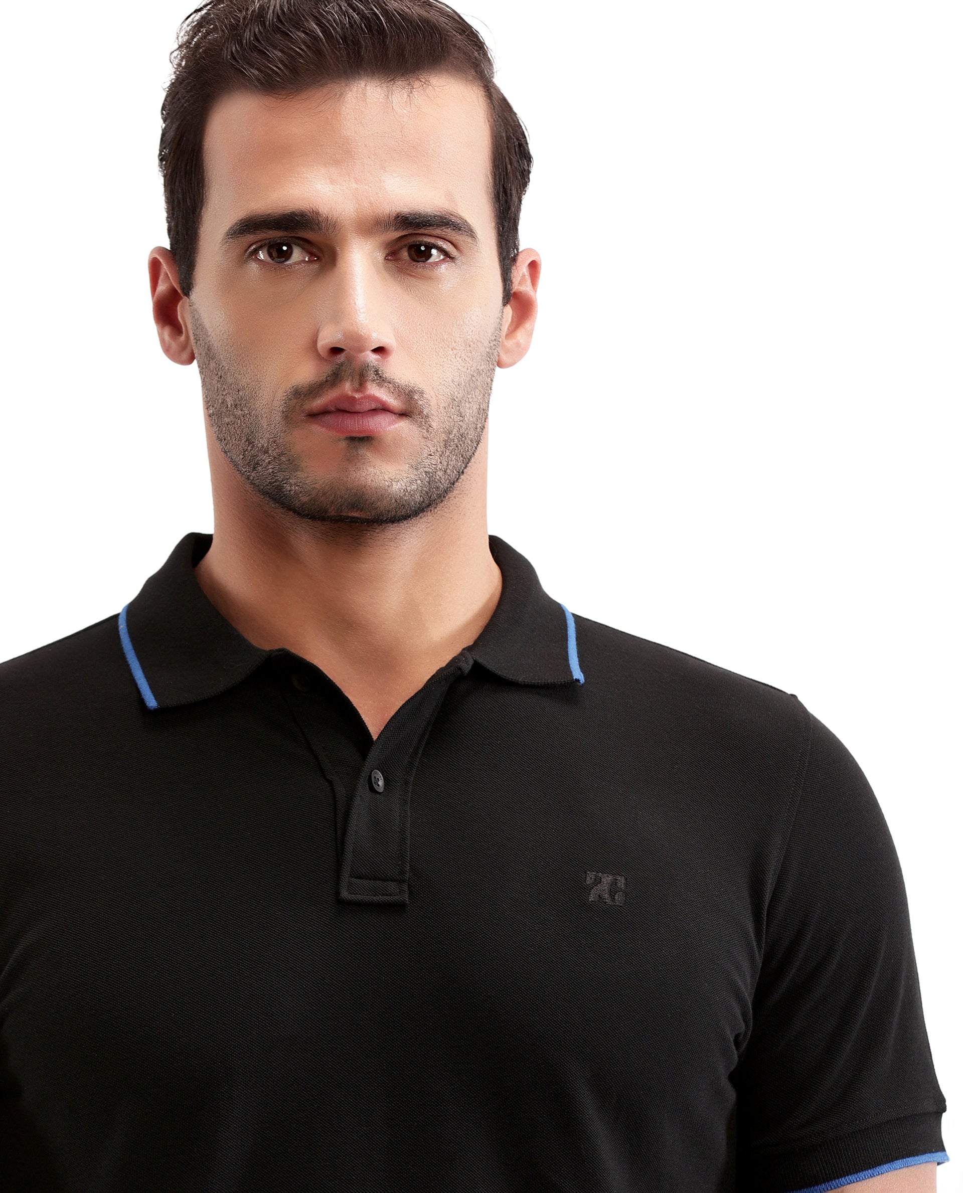 Charcoal Black Pique Polo with Imperial Prussian Blue Collar Piping, Tone-on-Tone 7C Embroidery