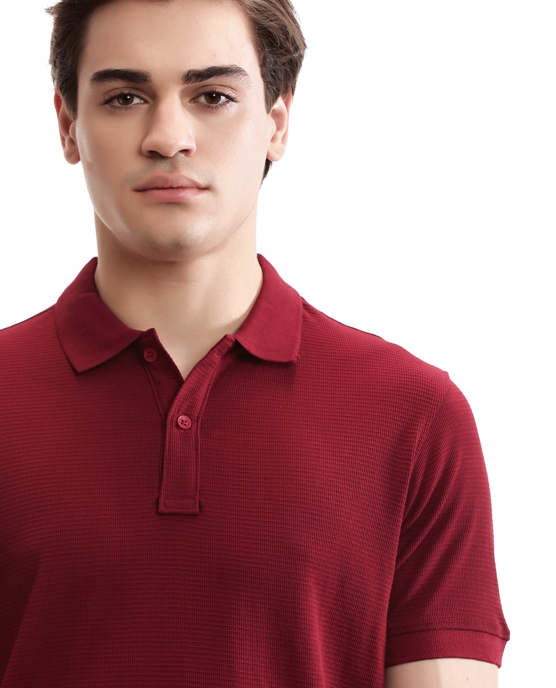 Bordeaux Maroon Knitted Waffle Polo with Ribbed Collar